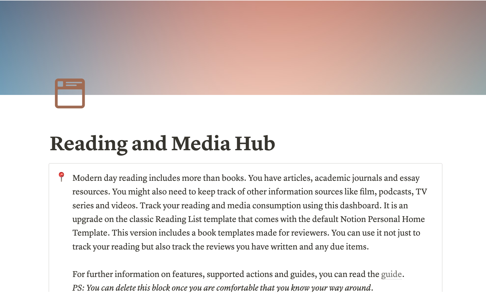 A template preview for Reading and Media Hub
