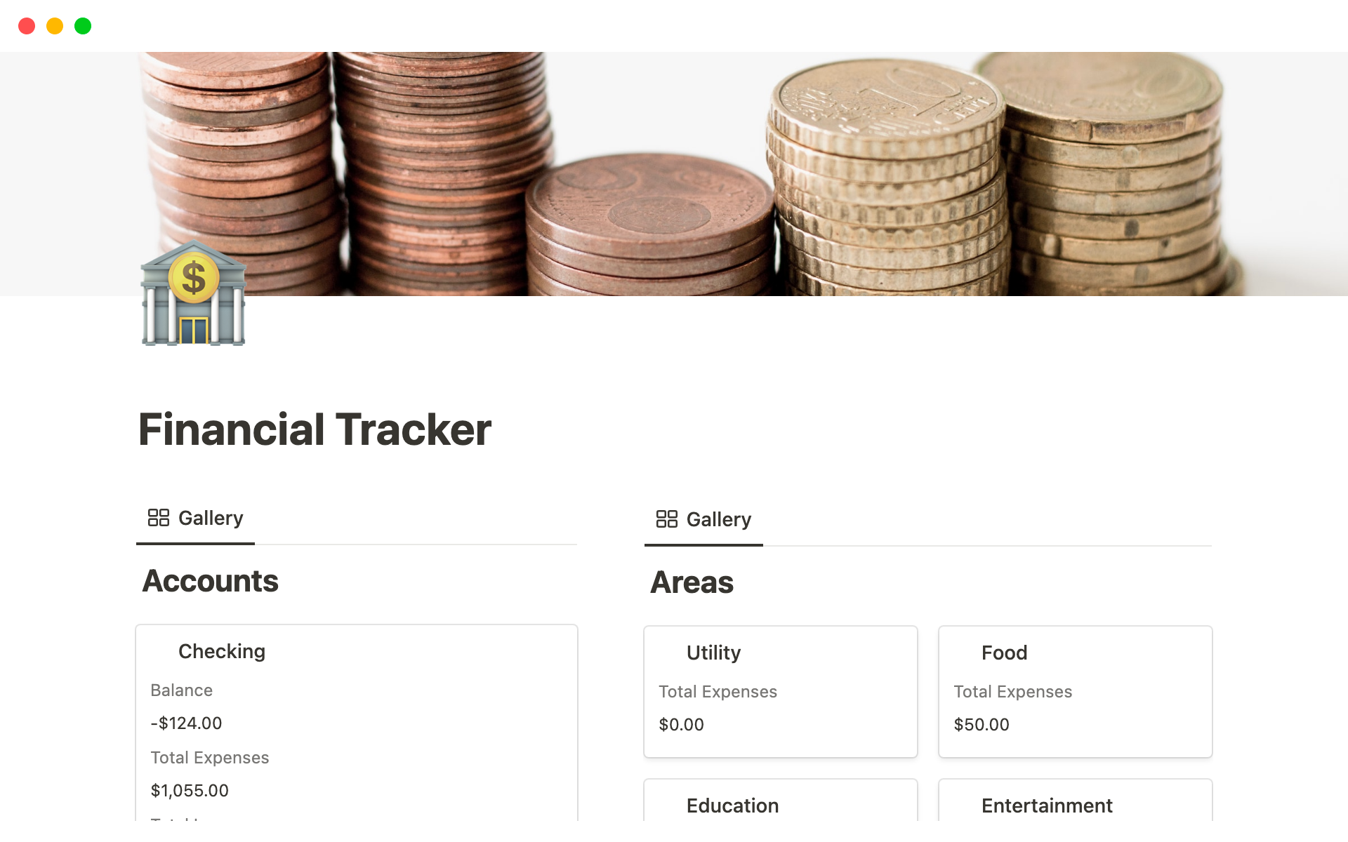 Vista previa de una plantilla para Finance Tracker Notion Template