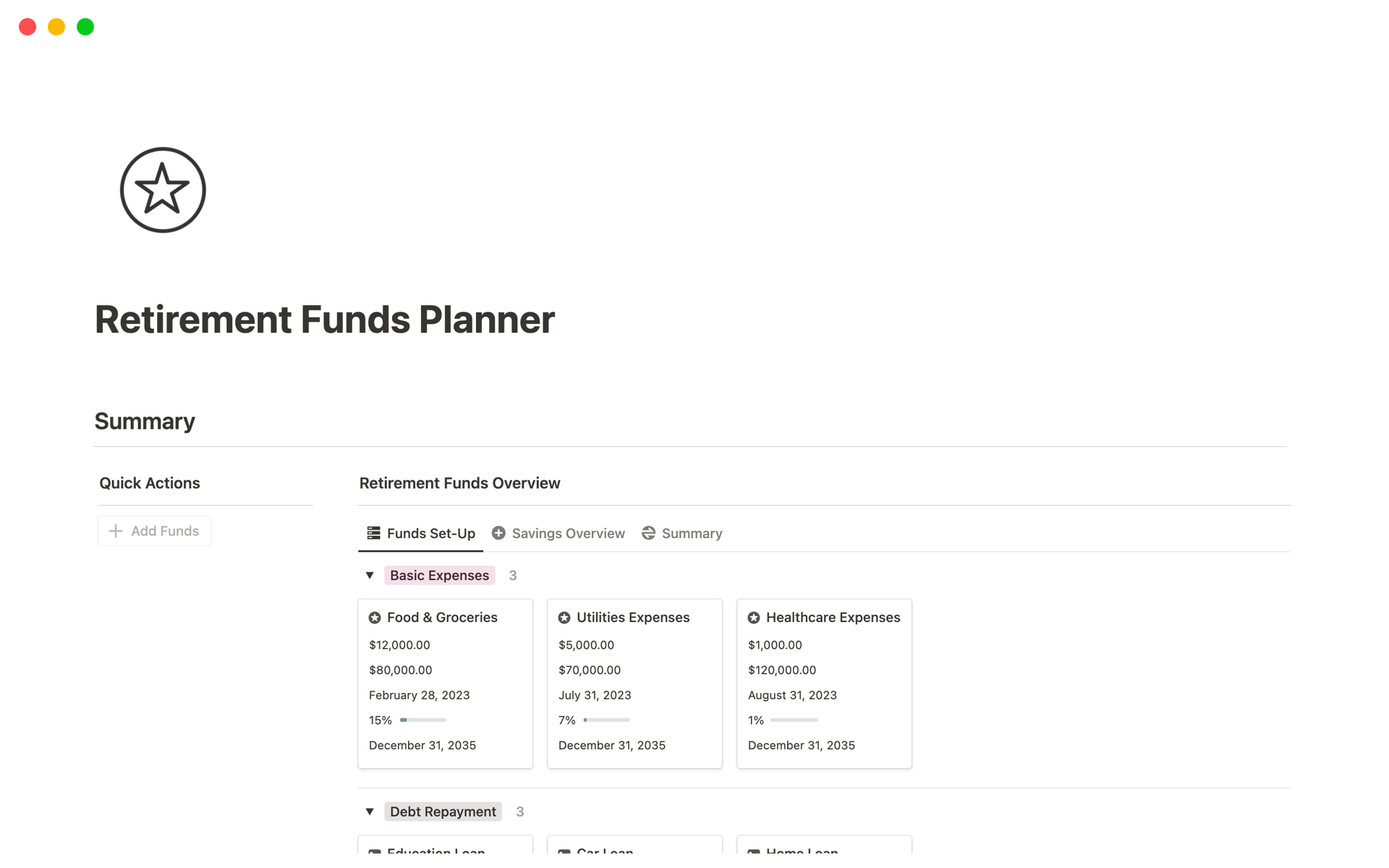 A template preview for Retirement Funds Planner