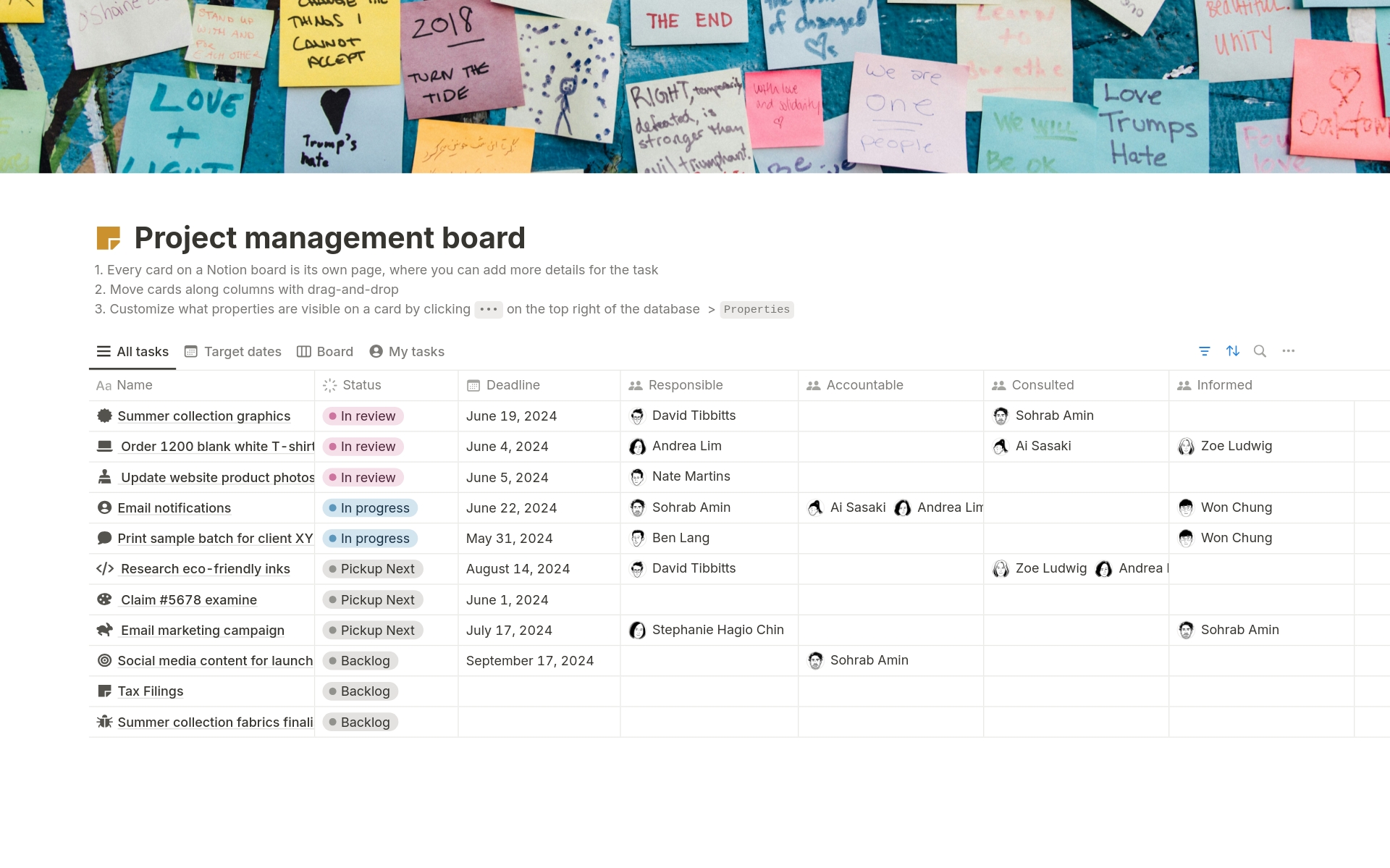 A template preview for Project management with RACI