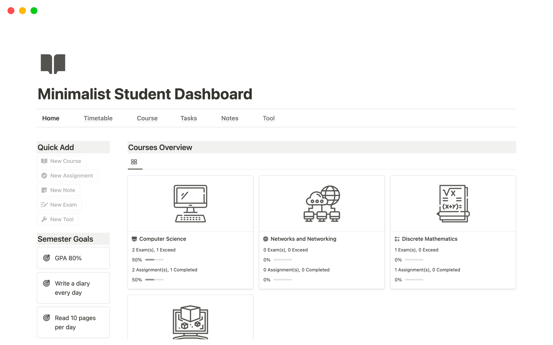 Simplify your student life and elevate your organization with the Minimalist Student Dashboard. Effortlessly arrange courses, assignments, exams, notes and assignment tools, reducing the hassle while striving for top grades.