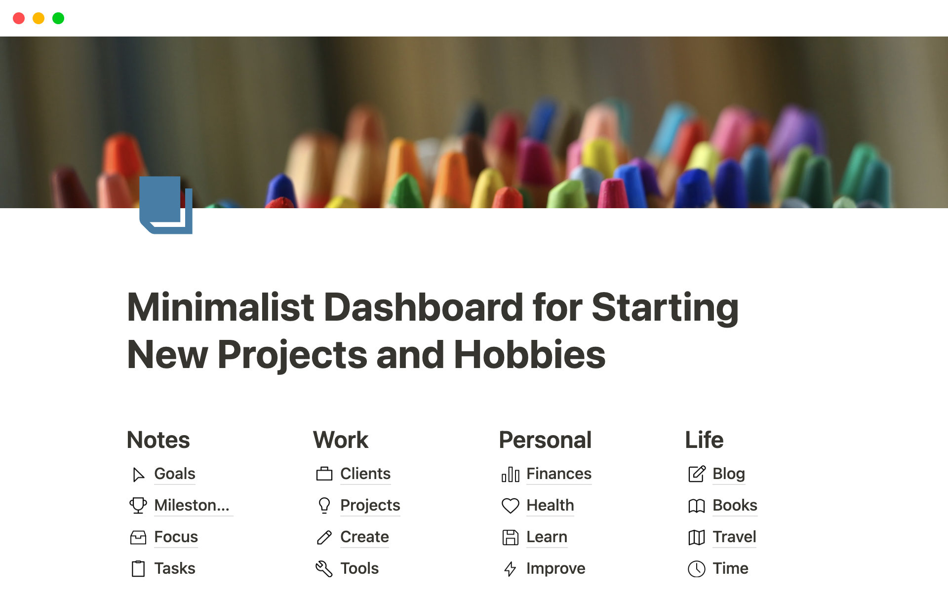 Minimalist Dashboard for Starting New Projects and Hobbiesのテンプレートのプレビュー