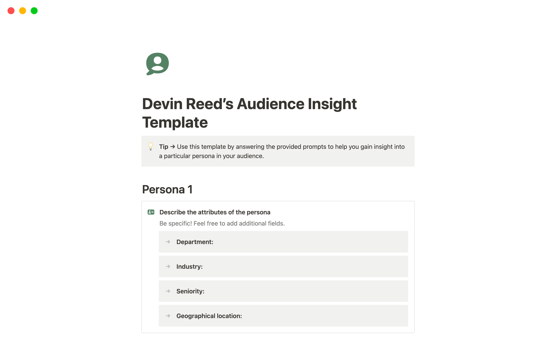 A template preview for Audience Insights