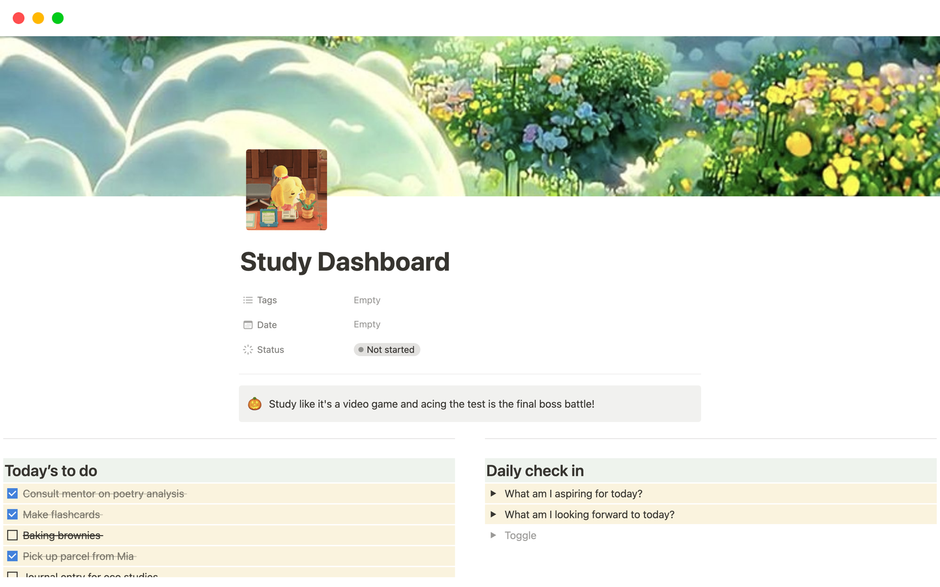 A template preview for Study Dashboard