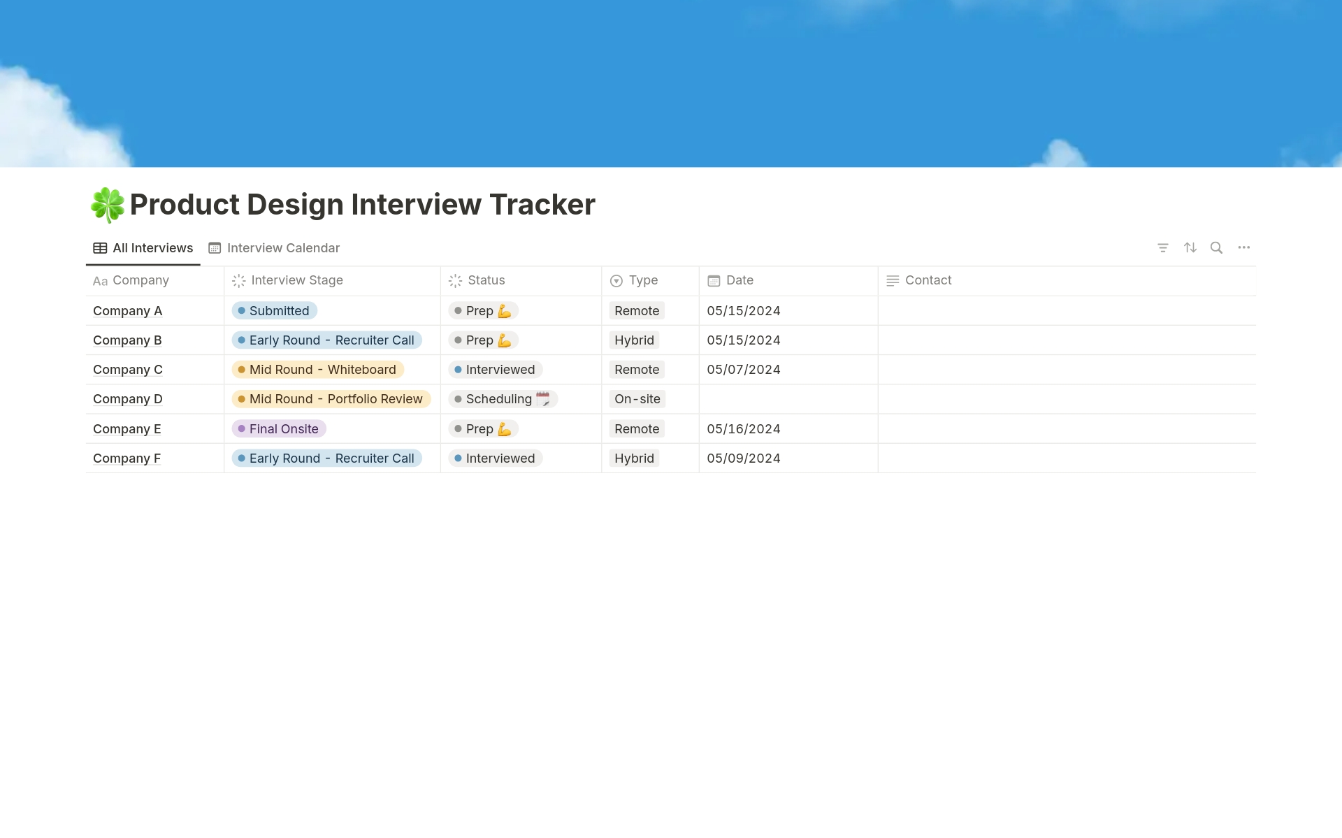 A customizable Notion template designed to streamline tracking all your product design interviews in one page