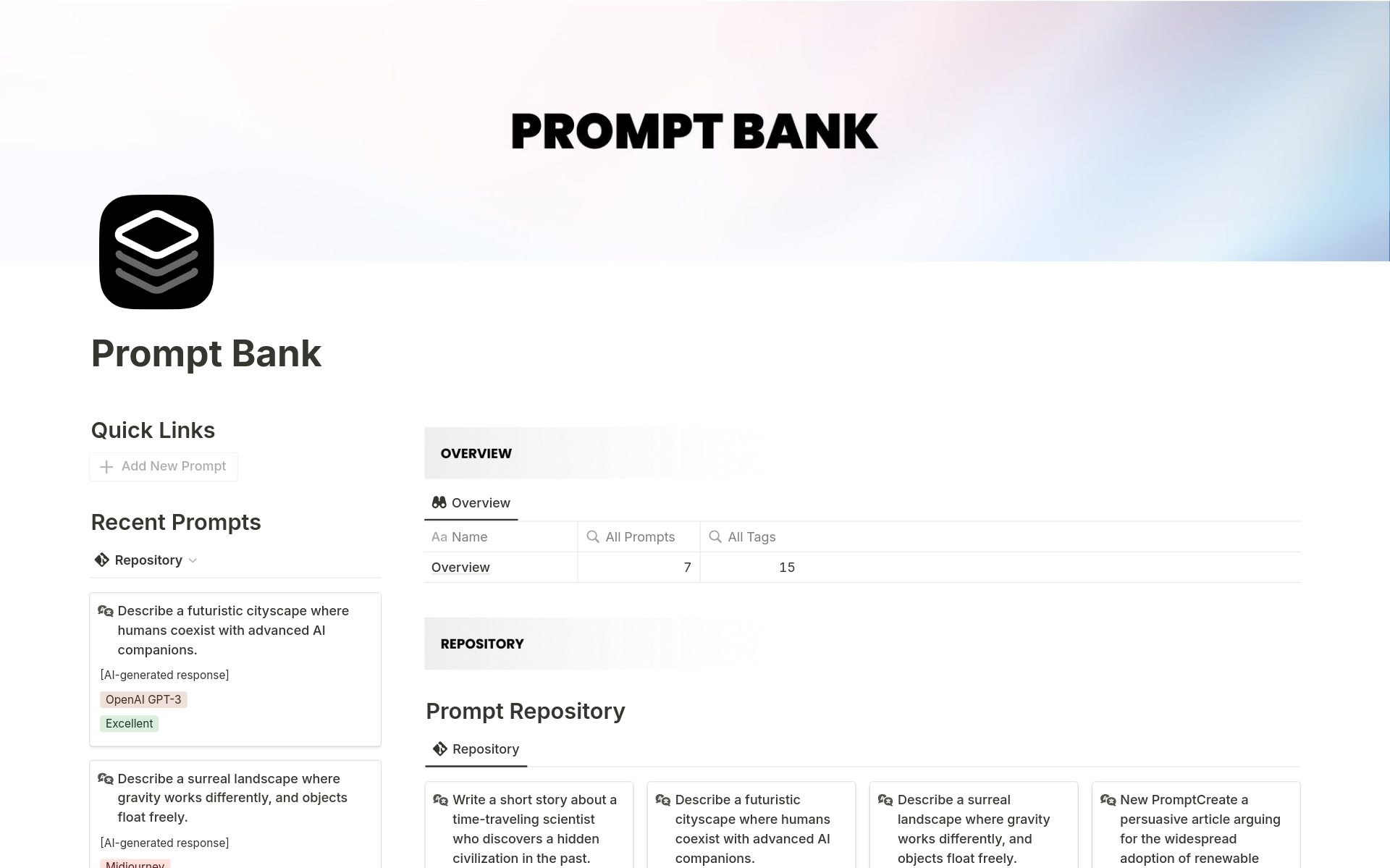Vista previa de una plantilla para Prompt Bank - AI Prompt Organizer & Tracker