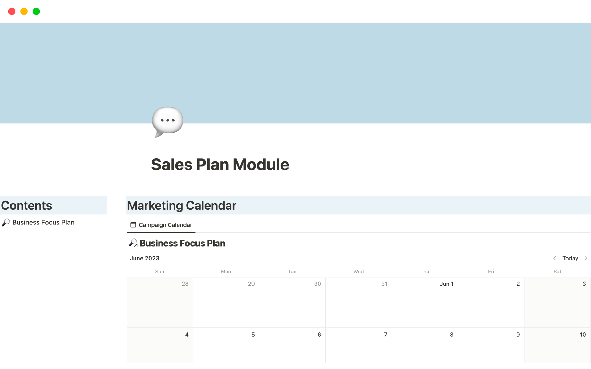 A template preview for Sales Plan Module