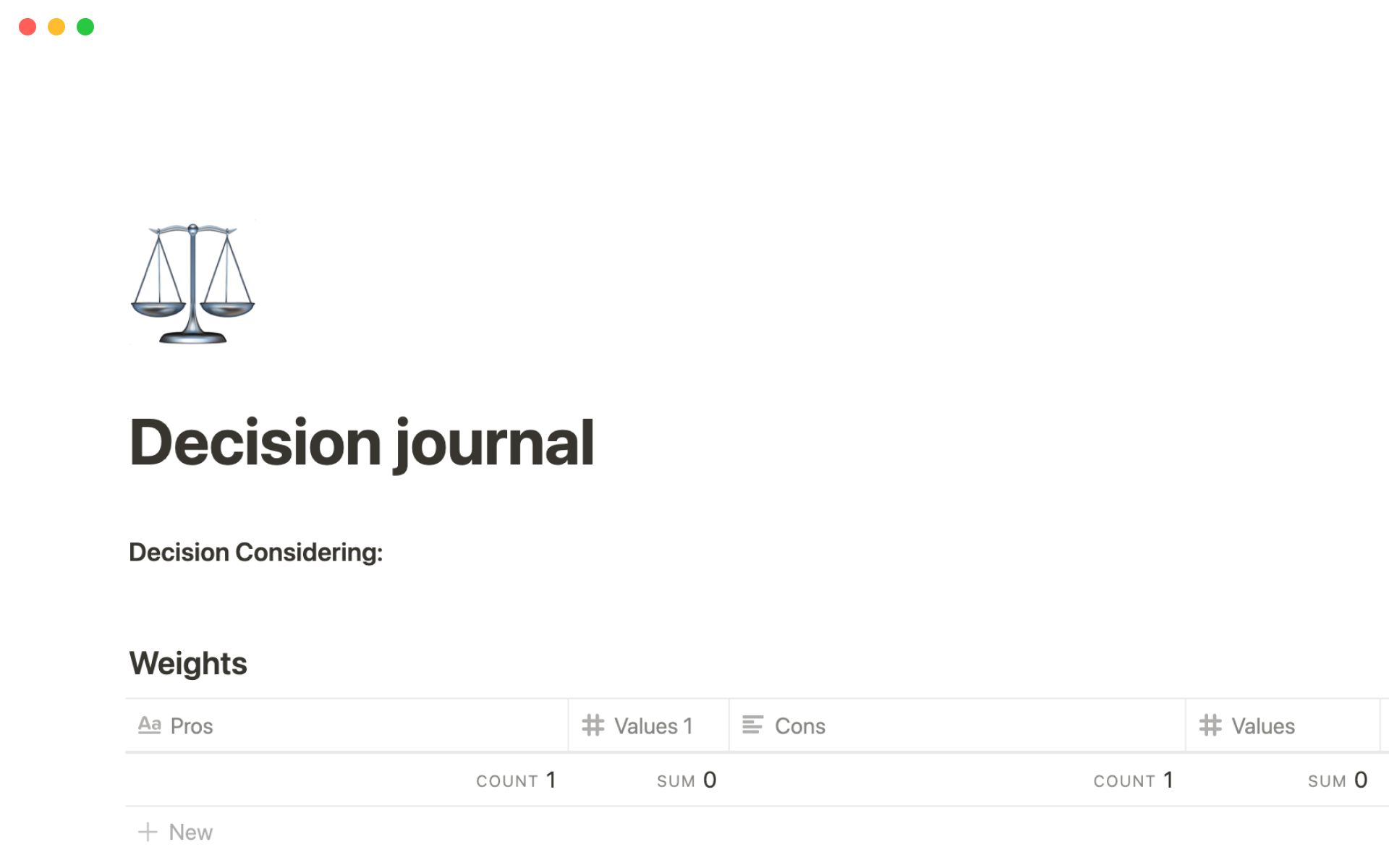 A template preview for Decision journal