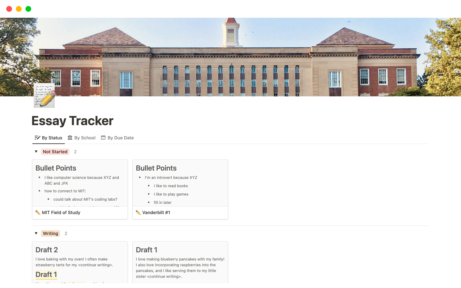 A template preview for College Essay Tracker