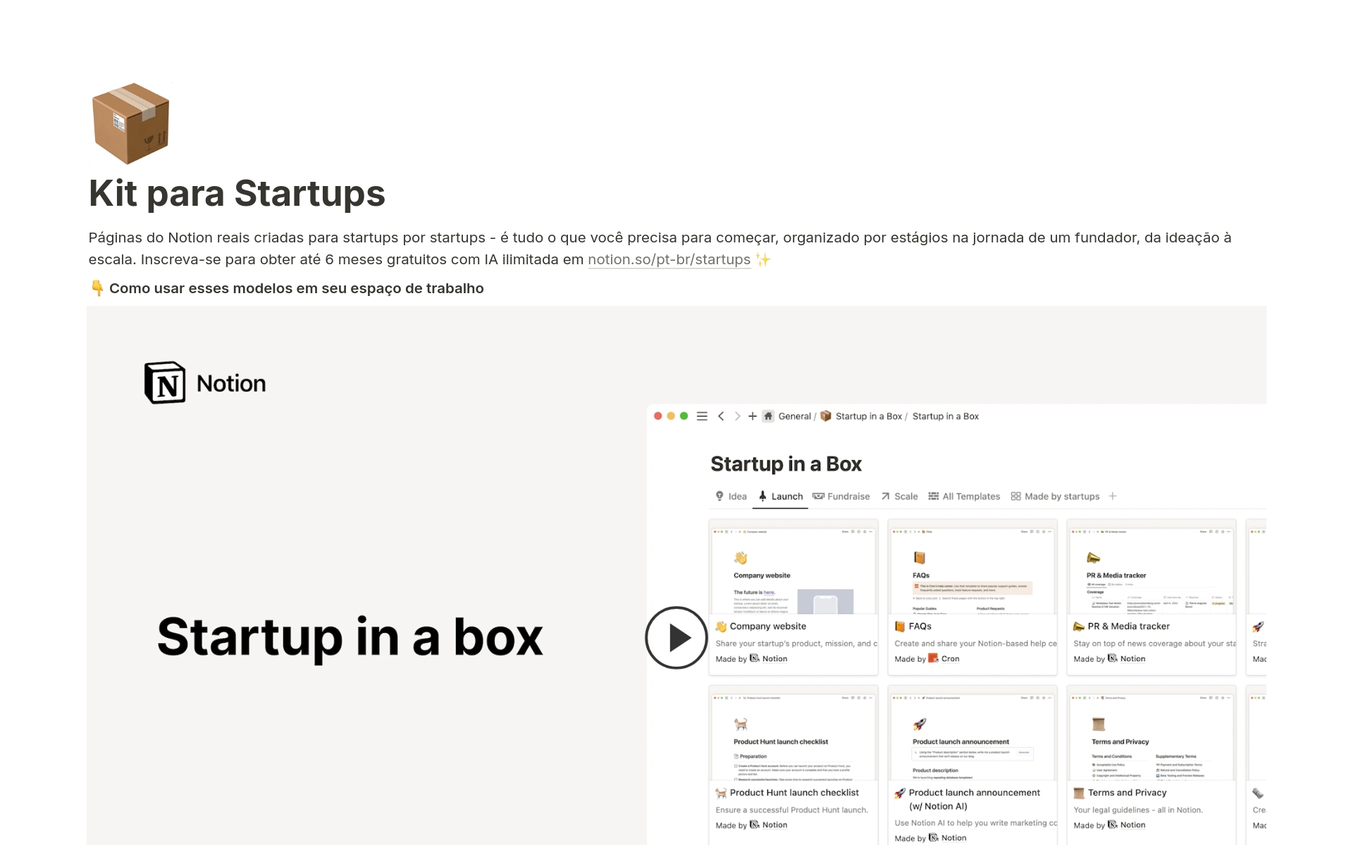 Páginas reais do Notion, criadas por startups para startups — é tudo o que você precisa para começar, com modelos organizados por estágios na jornada de uma empresa, desde a ideia até a expansão.