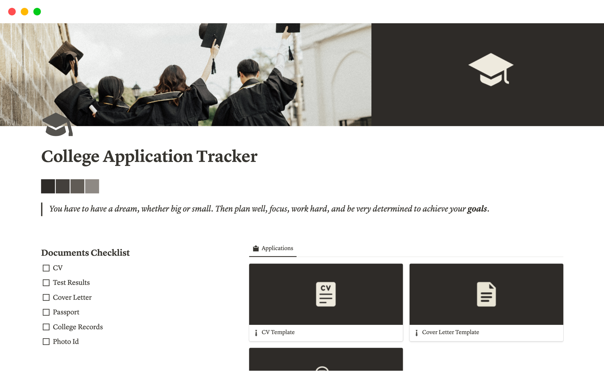 A template preview for College Application Tracker