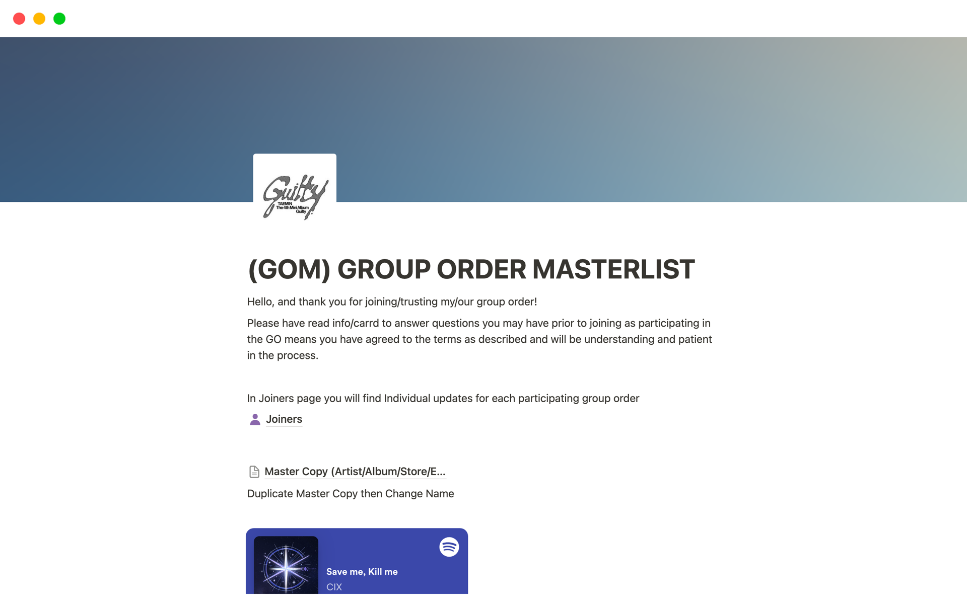 A template preview for (GOM) Group Order Manger Master List