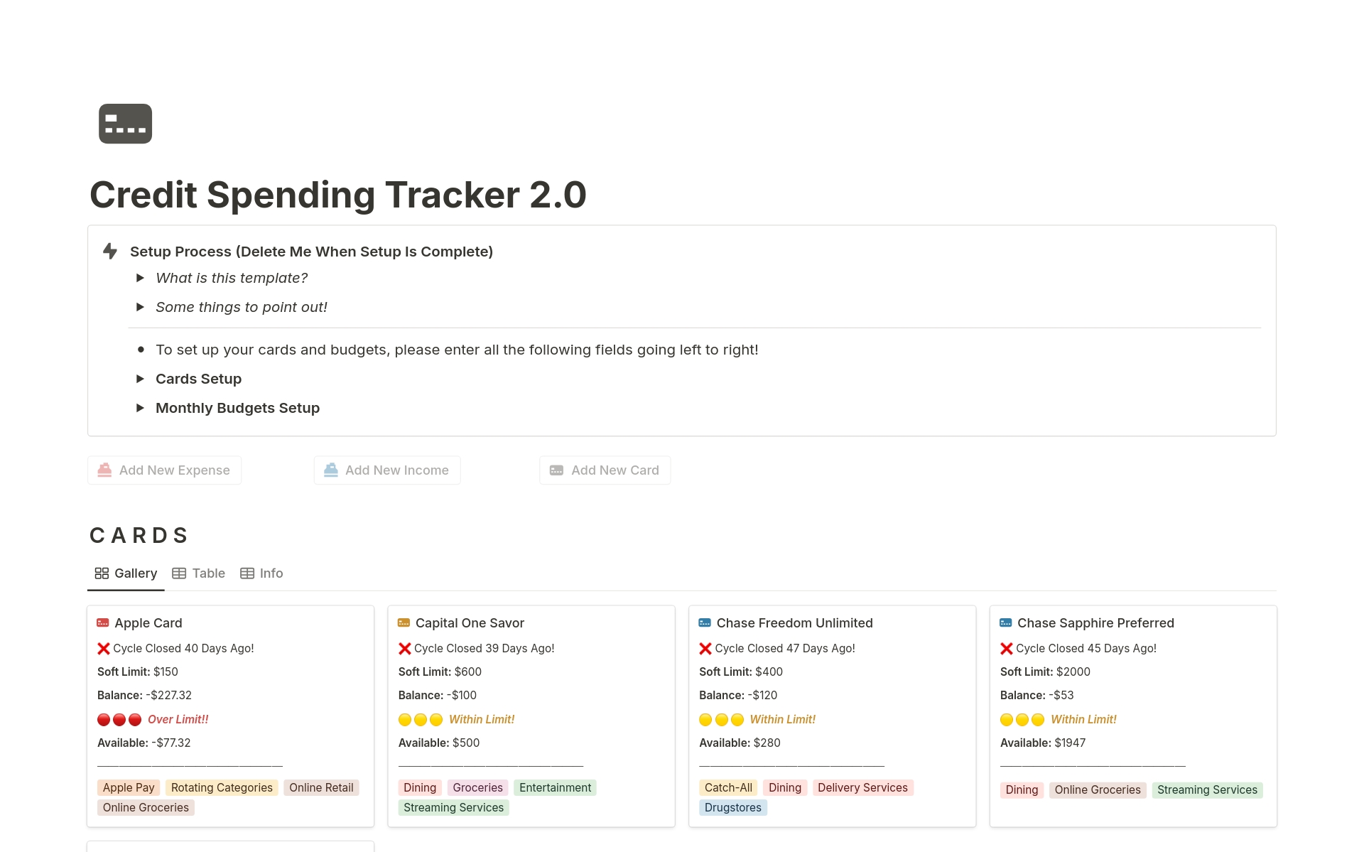 A template preview for Credit Card Spending Tracker 2.0