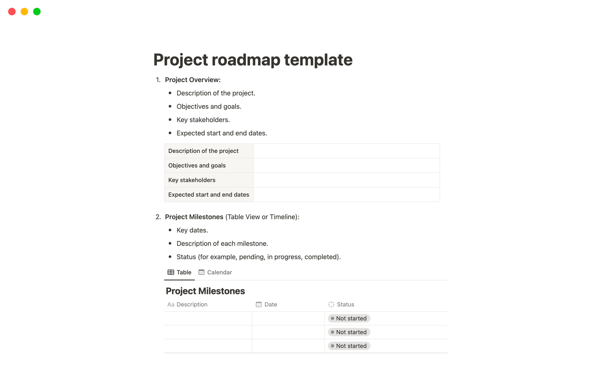 A template preview for Project roadmap