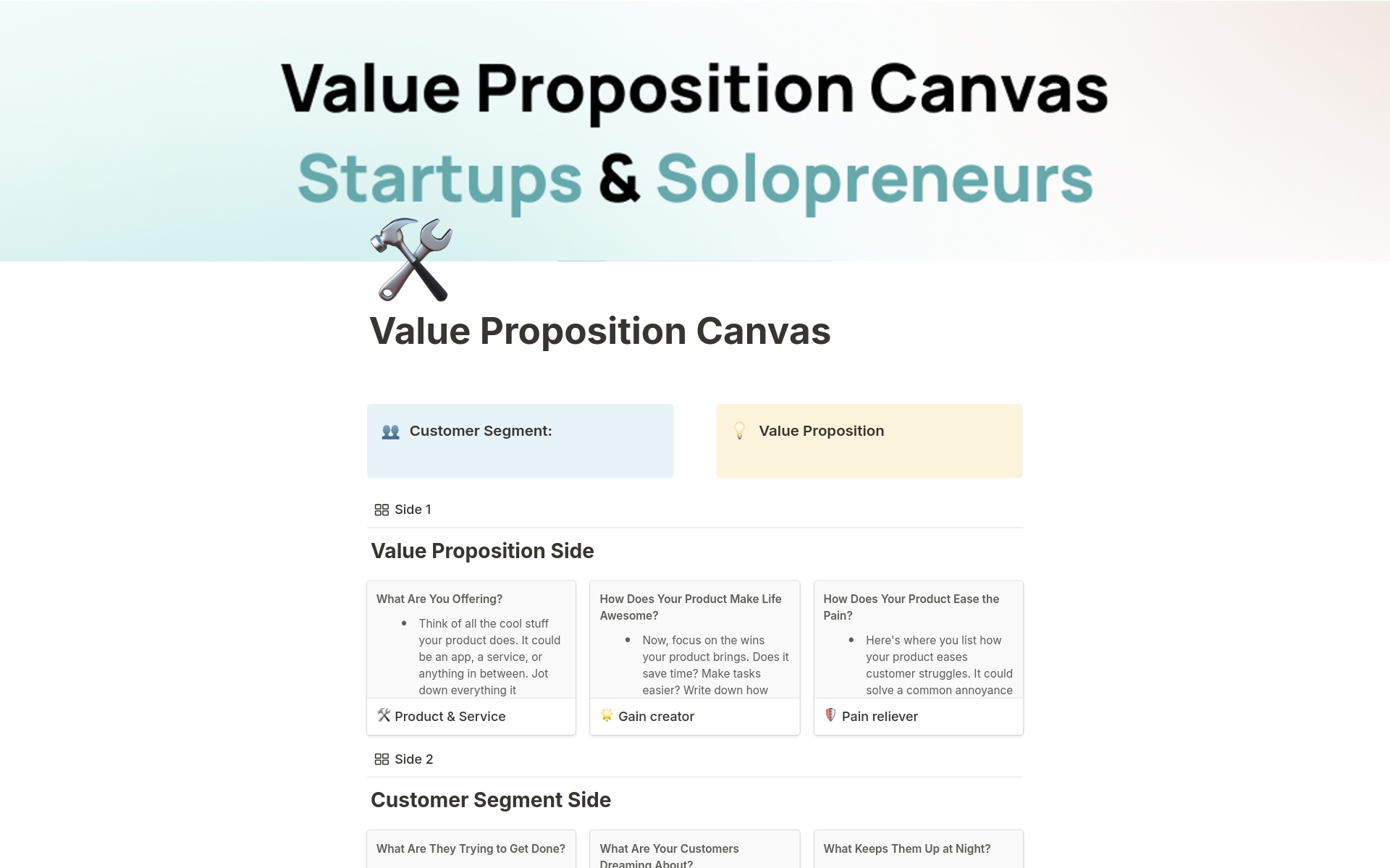 Aperçu du modèle de Value Proposition Canvas for Startups & Solo Pros
