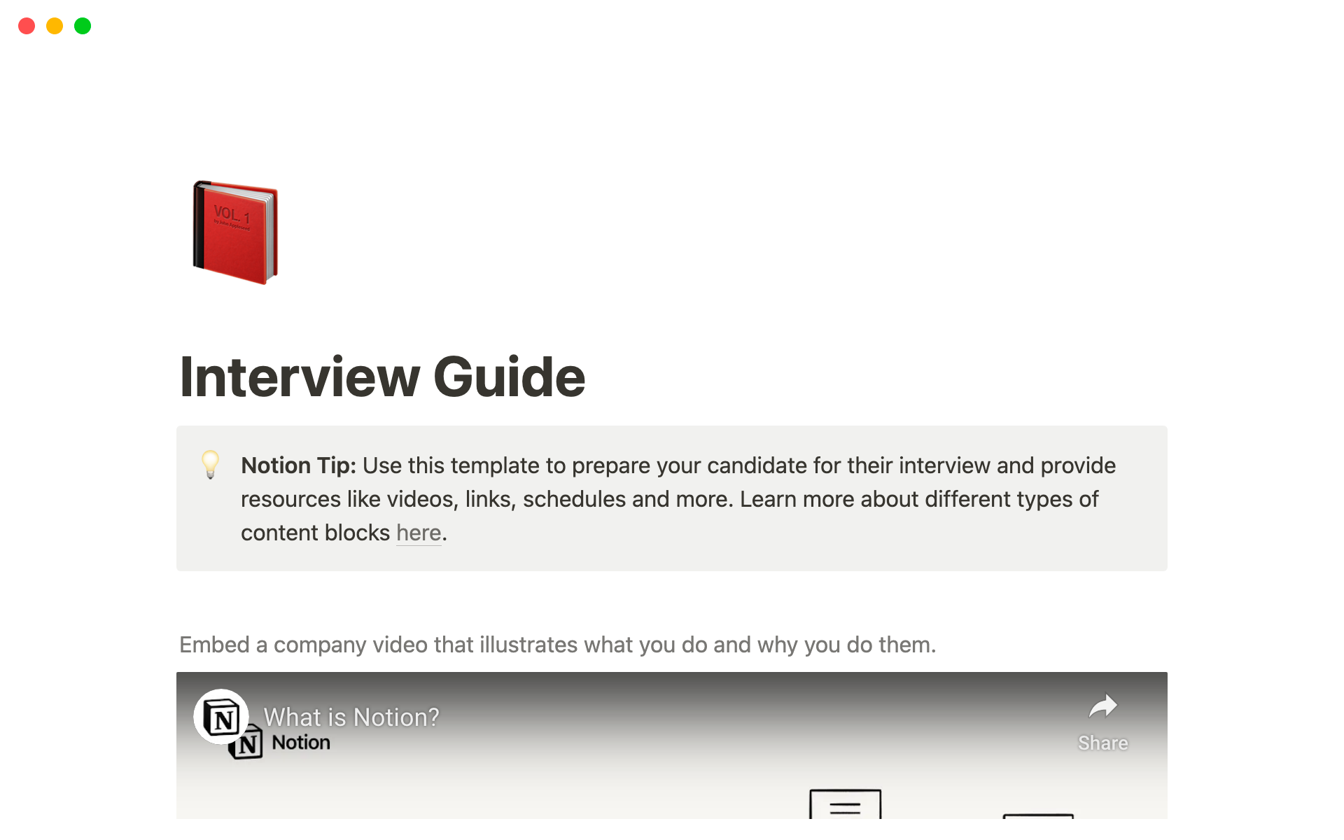 Use this template to prepare your job candidates for their interviews and offer them helpful resources like videos, links, schedules and more.
