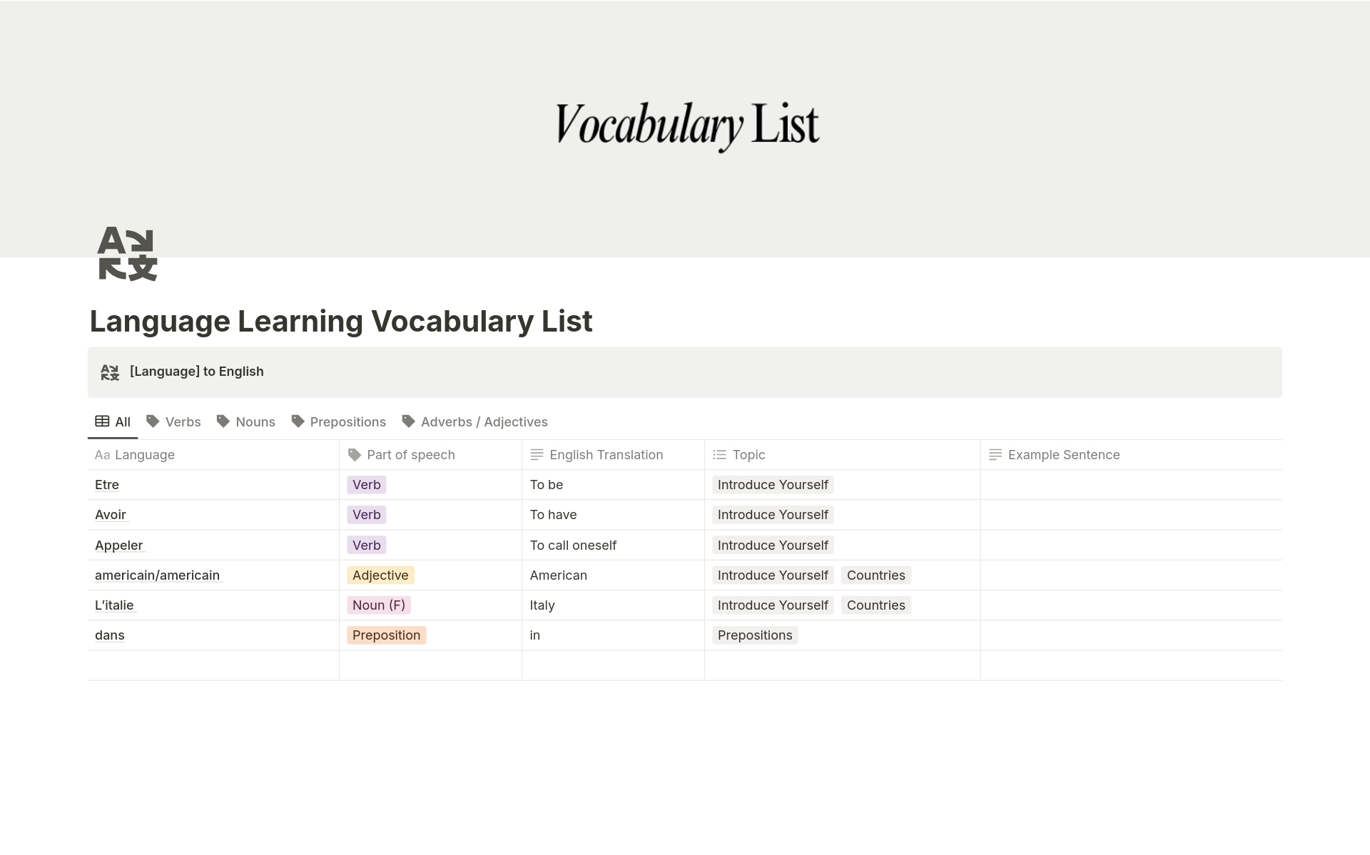 A template preview for Language Learning Vocabulary List