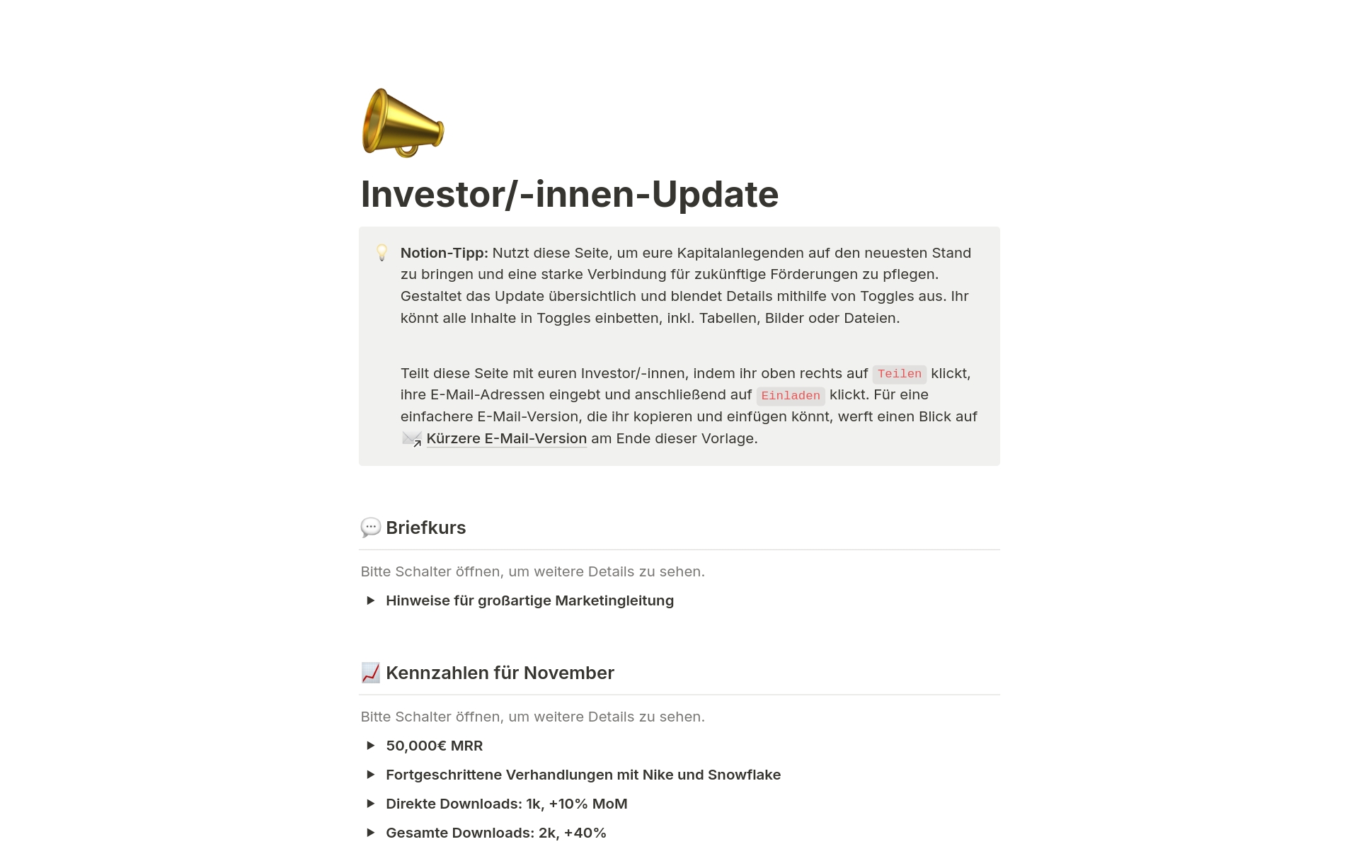 Eine Vorlagenvorschau für Investor/-innen-Update