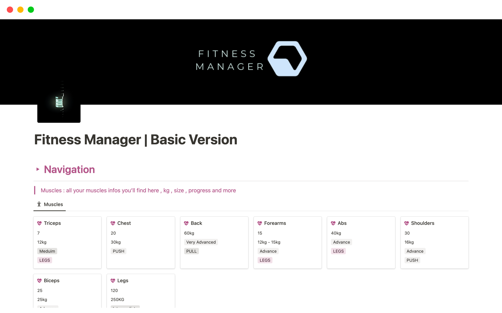 A template preview for Fitness Manager | Basic Version