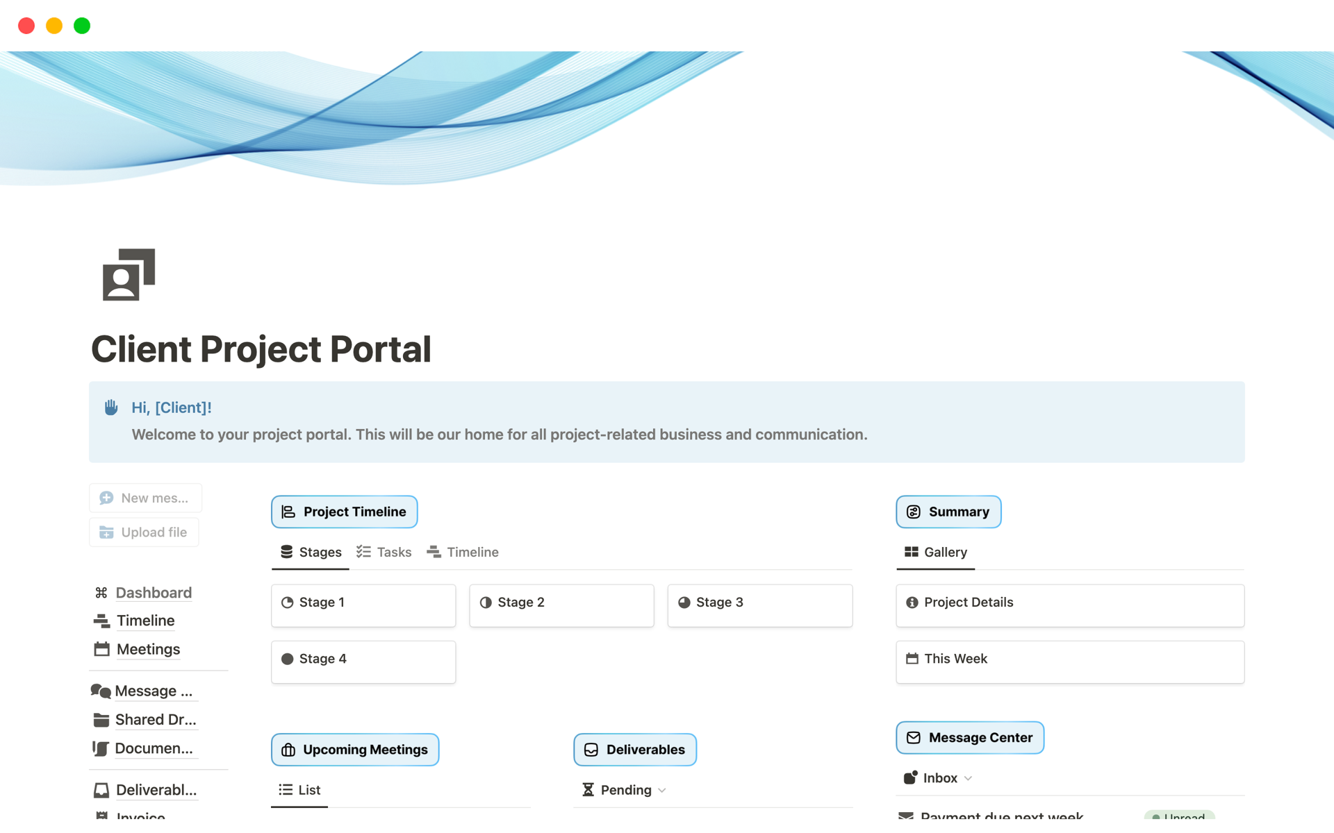 Vista previa de una plantilla para Client Project Portal