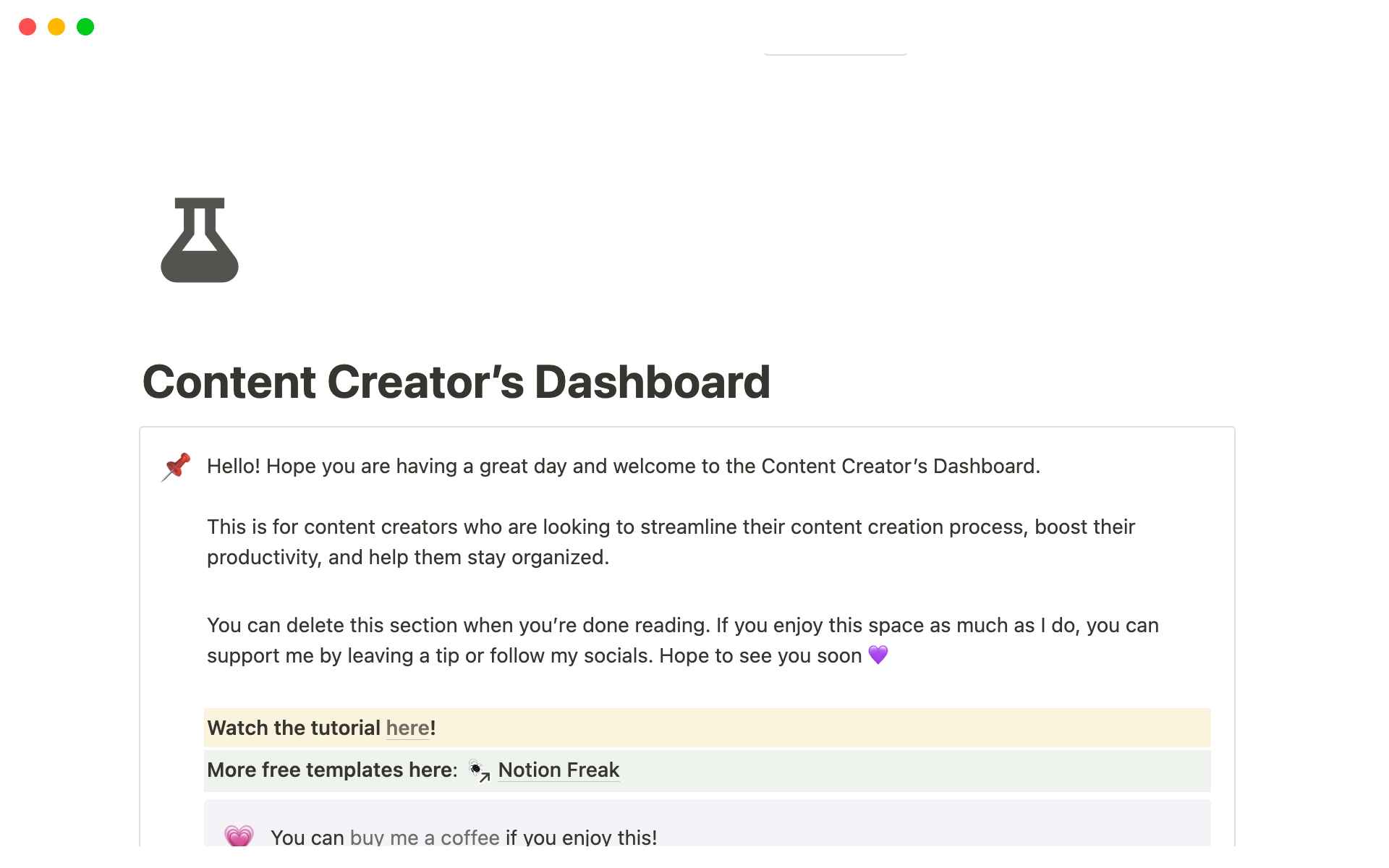 A template preview for Content Creator's Dashboard