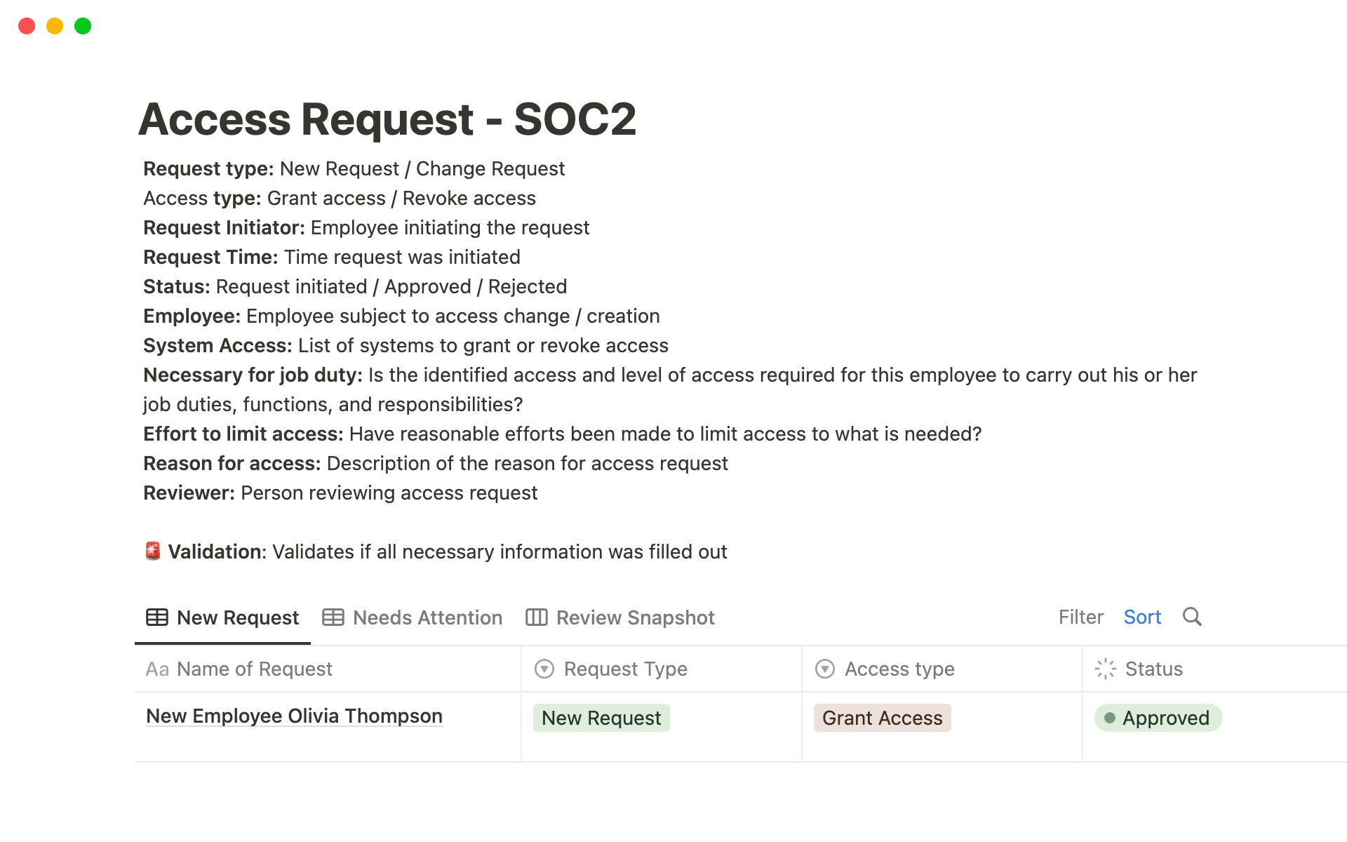 Eine Vorlagenvorschau für Access Request - SOC2