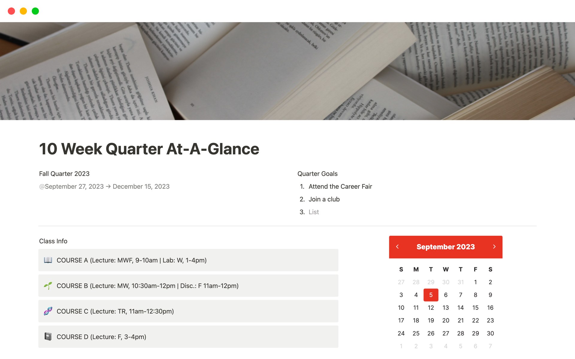 A template preview for 10 Week Quarter At-A-Glance
