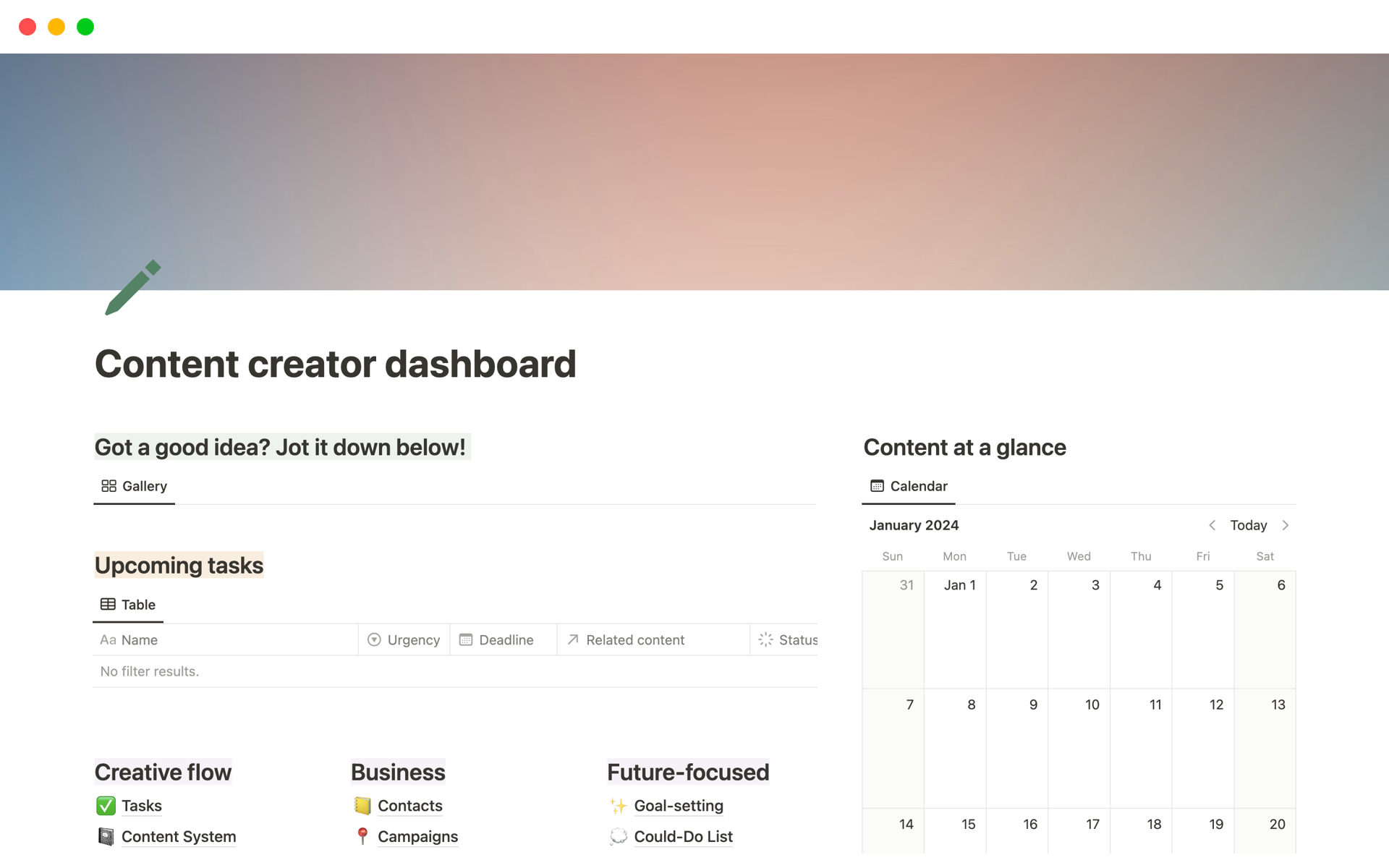 Vista previa de una plantilla para Content creator dashboard
