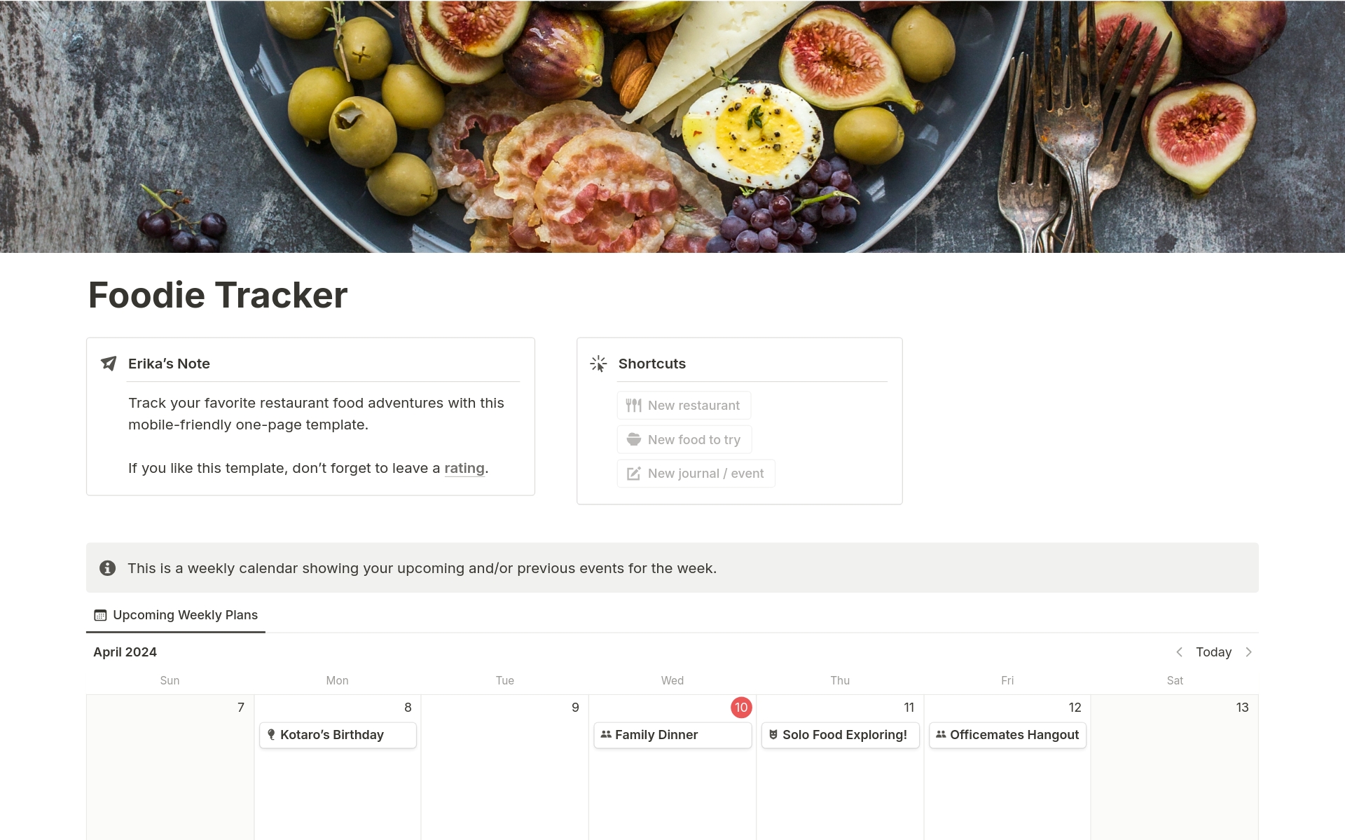 Track your favorite restaurant food adventures with this mobile-friendly one-page template.