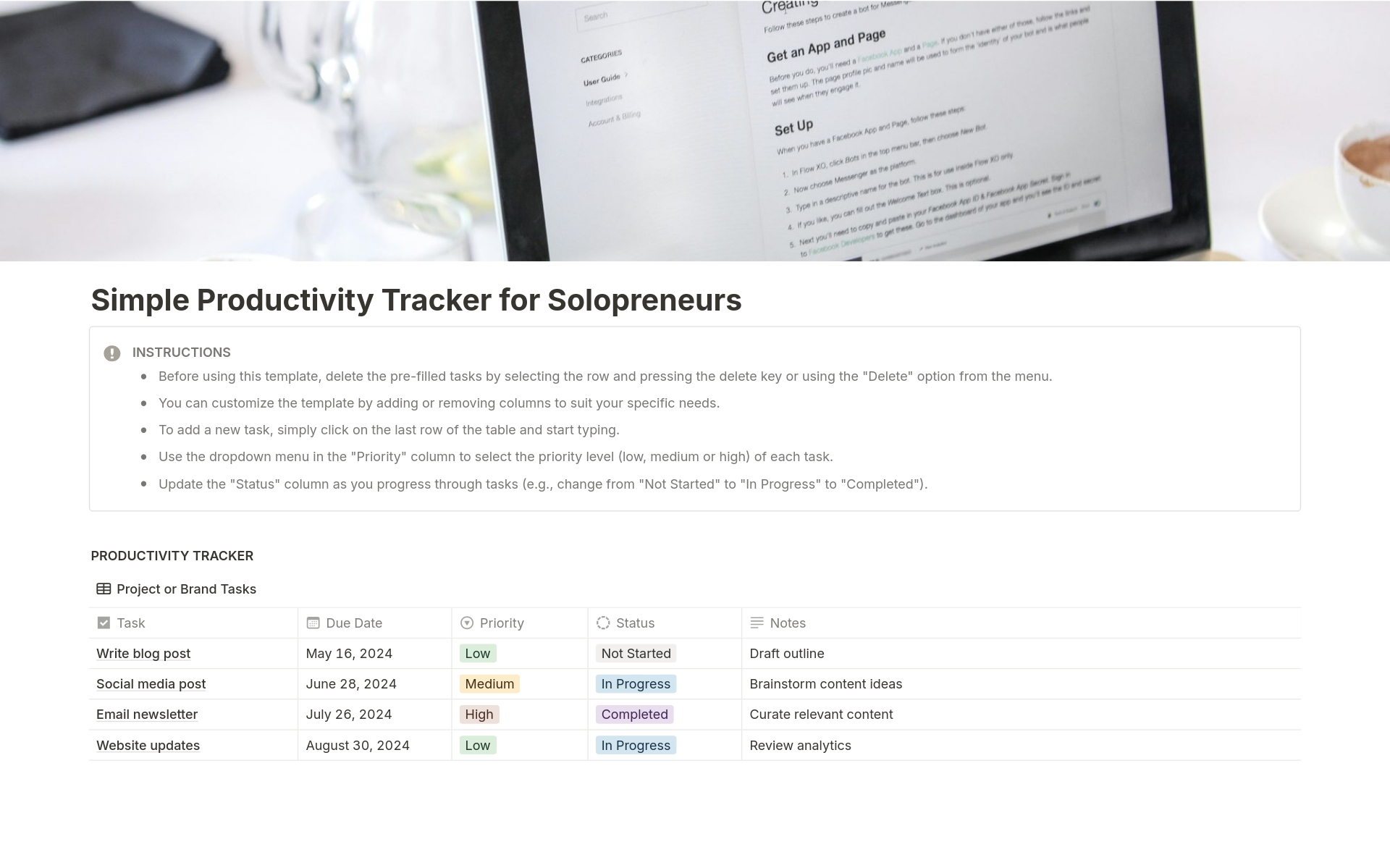 Get organized and accomplish more with this easy-to-use Notion productivity tracker template.

Whether you're a solopreneur, freelancer, or busy professional, this template helps to streamline your workflow and boost efficiency.