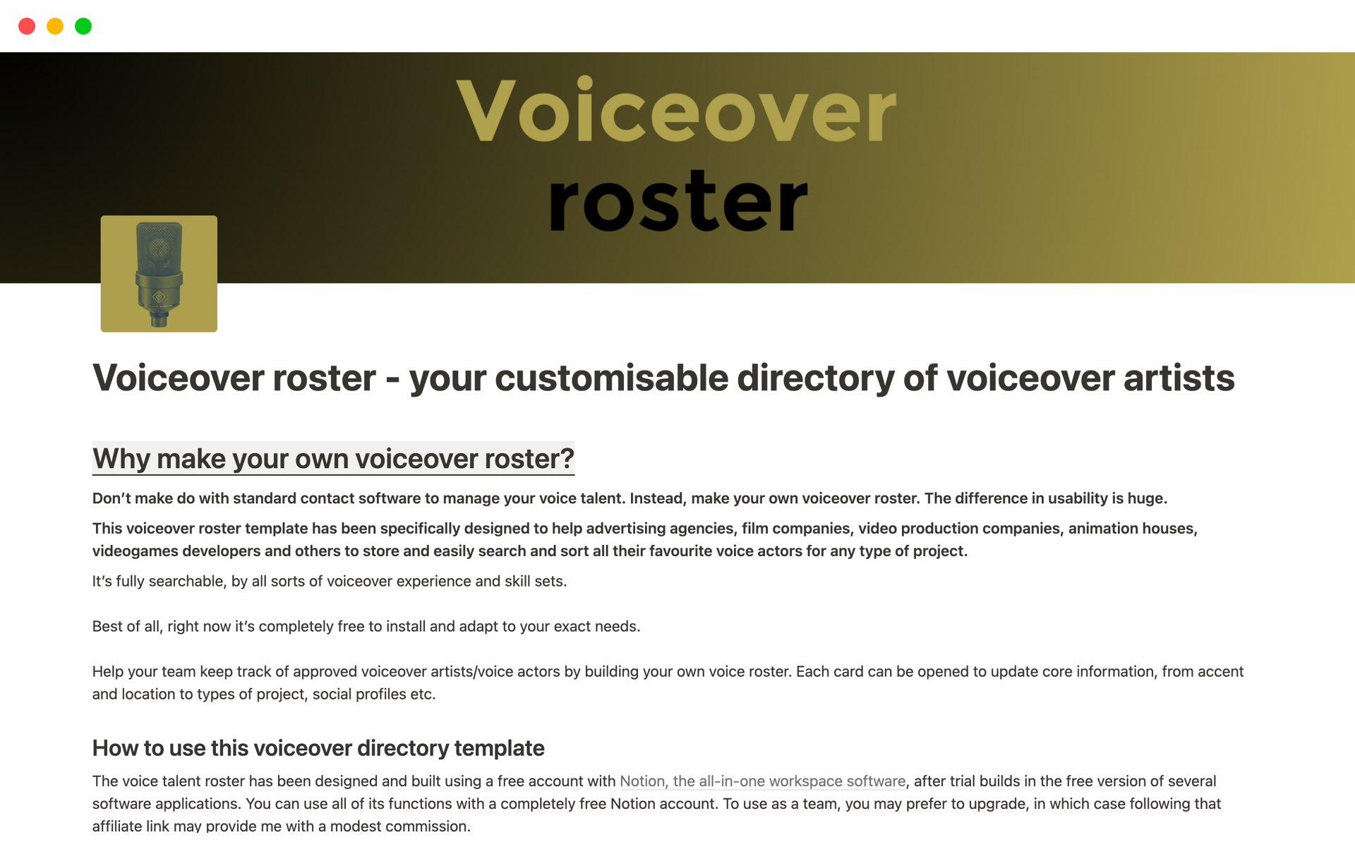 A template preview for Voiceover roster - a voice artist directory
