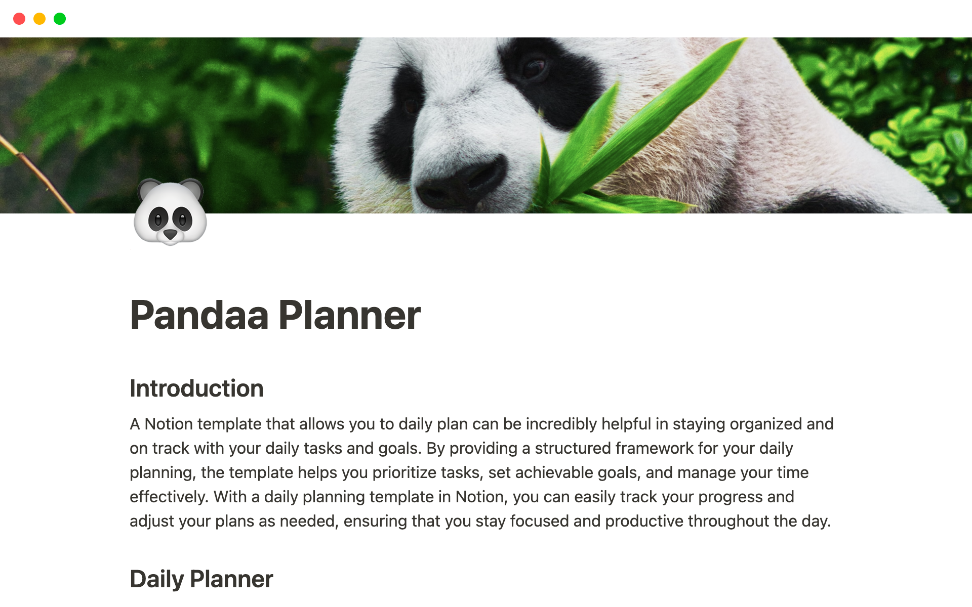 En forhåndsvisning av mal for Panda Planner