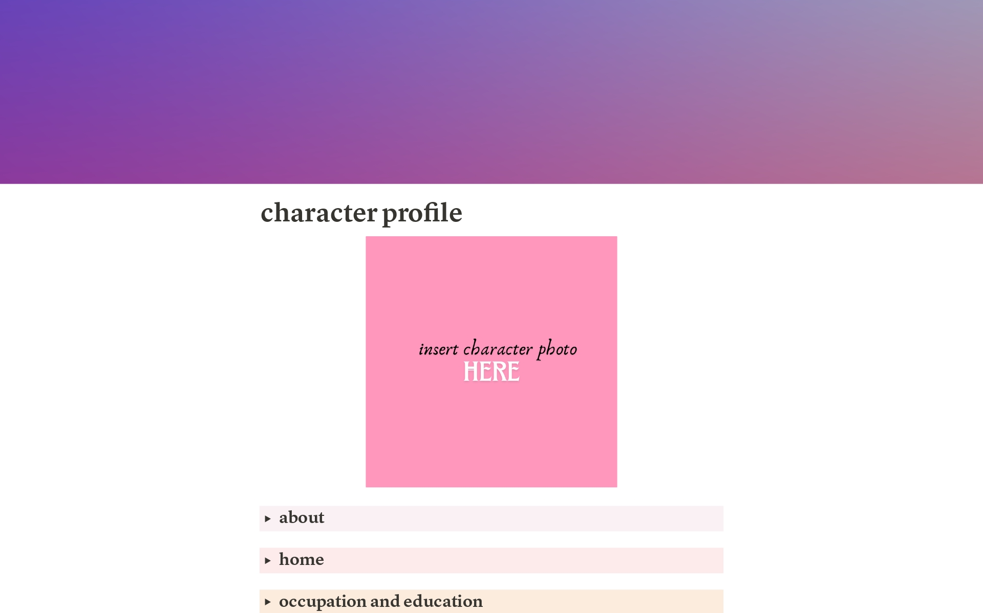 A template preview for character profile