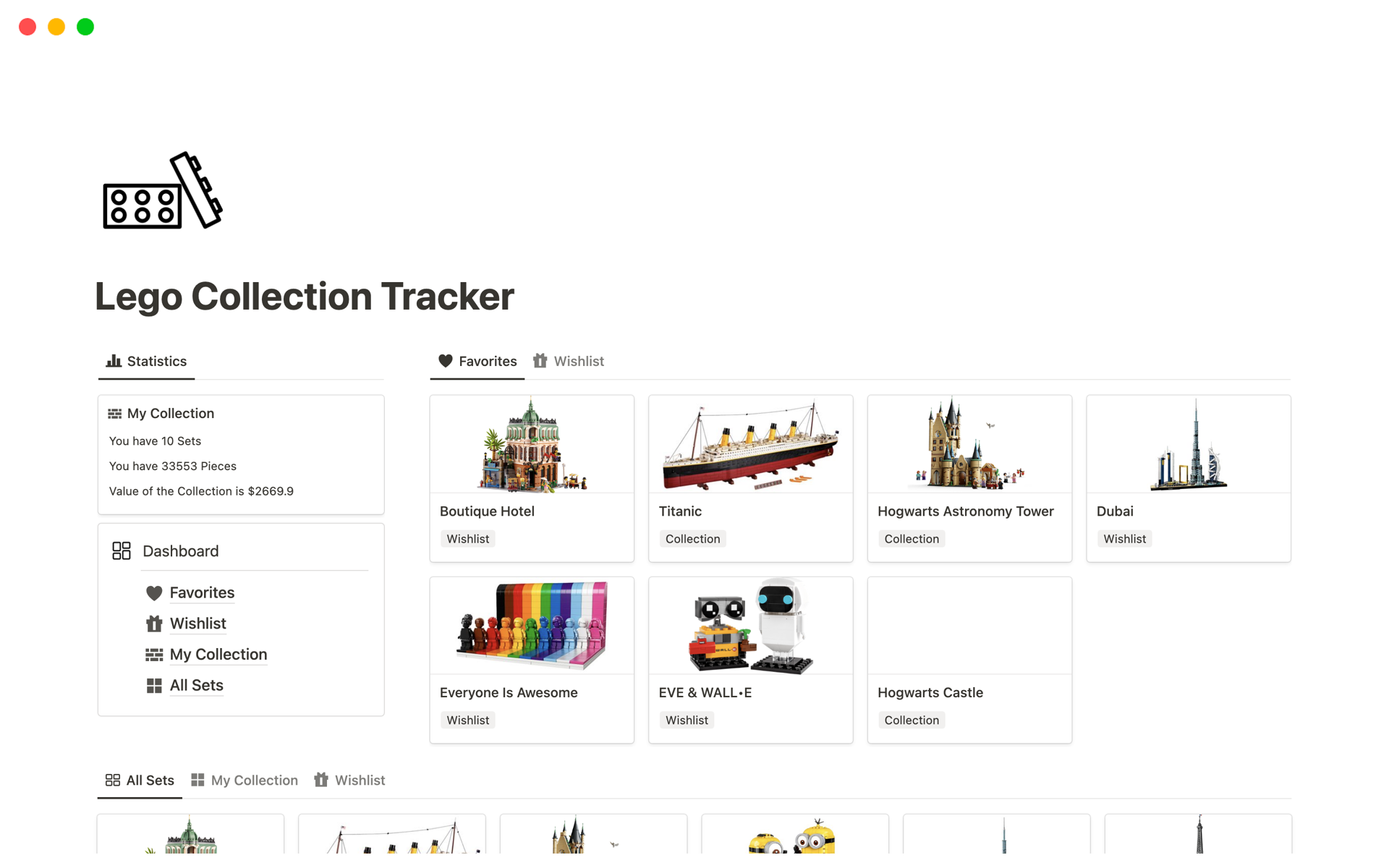 A template preview for Lego Collection Tracker