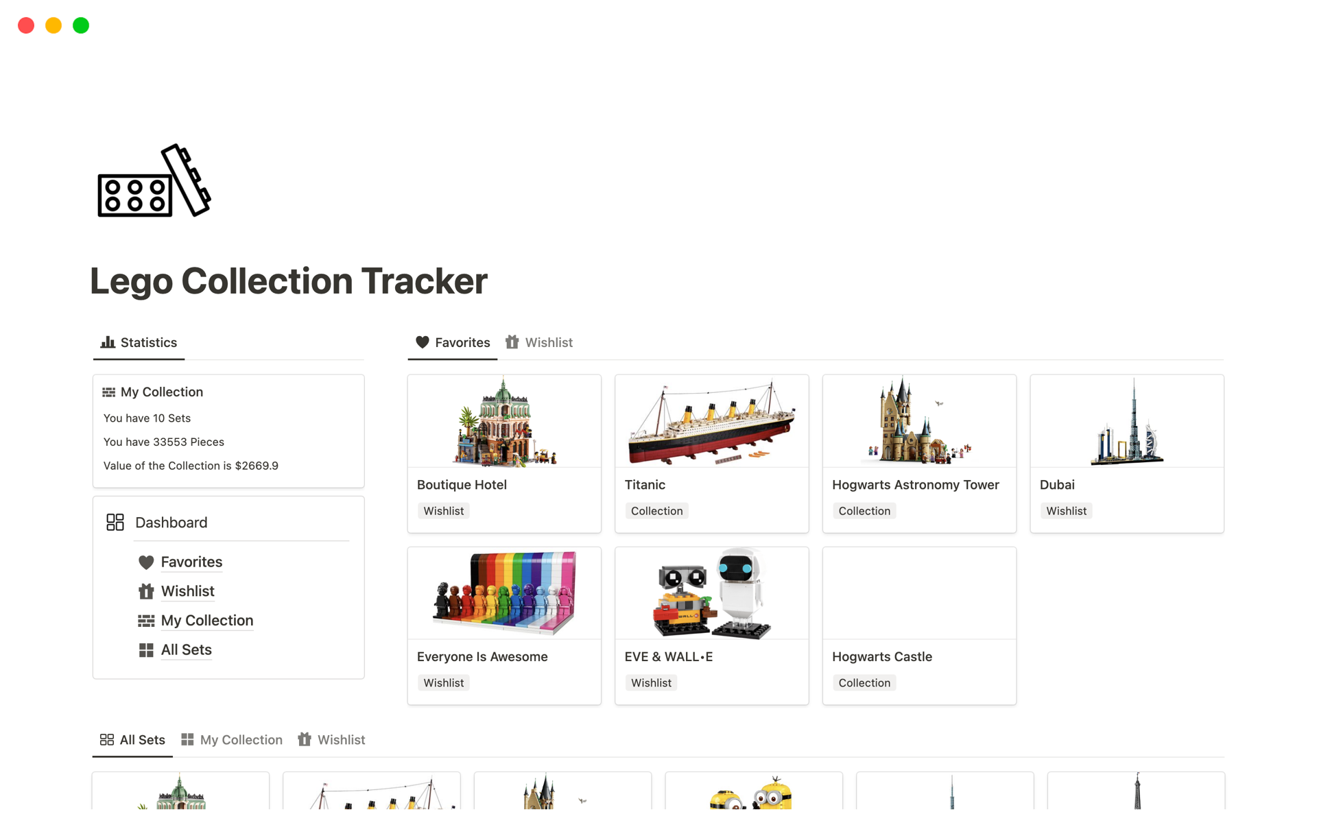 Aperçu du modèle de Lego Collection Tracker