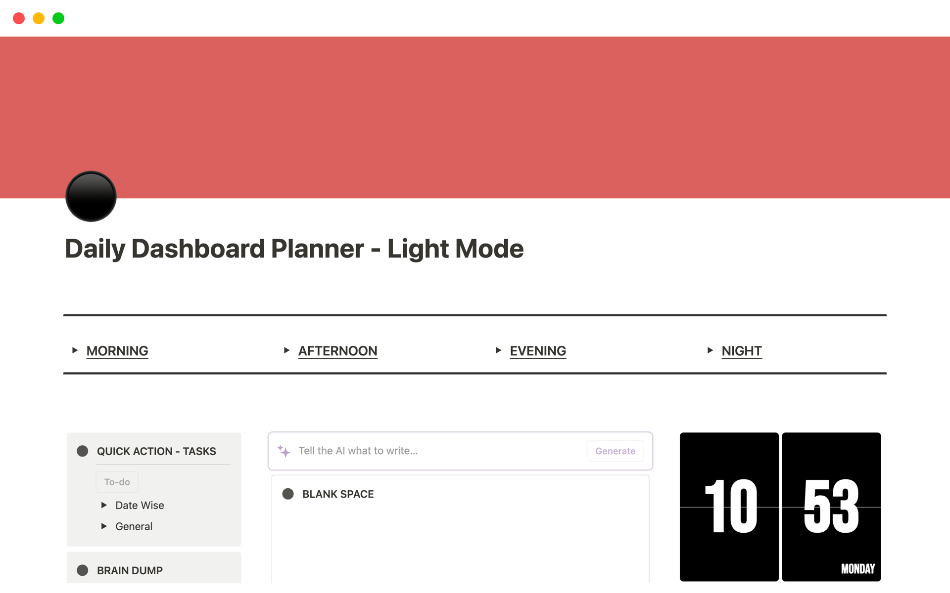 A template preview for Beginner's Daily Dashboard Planner