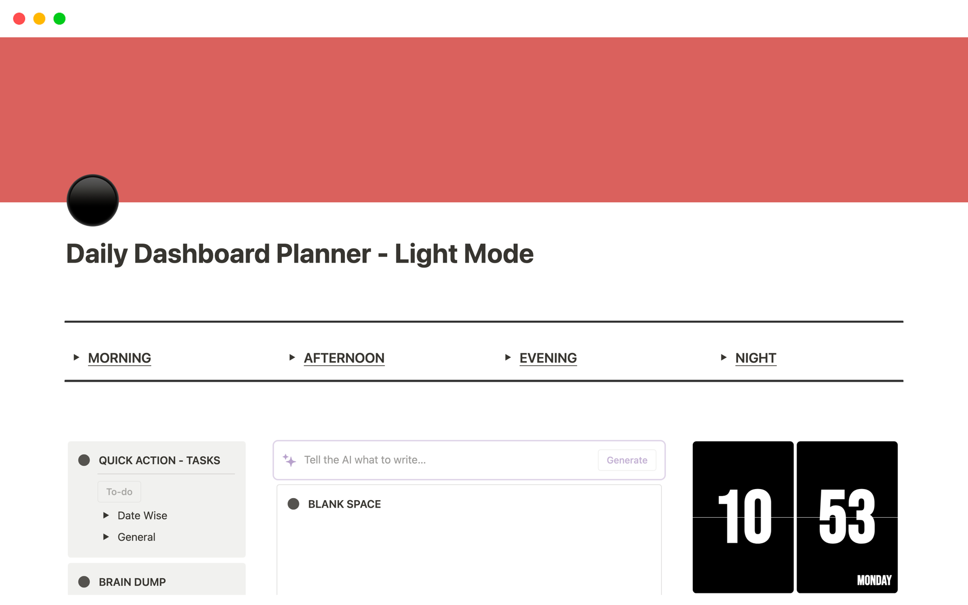 Uma prévia do modelo para Beginner's Daily Dashboard Planner