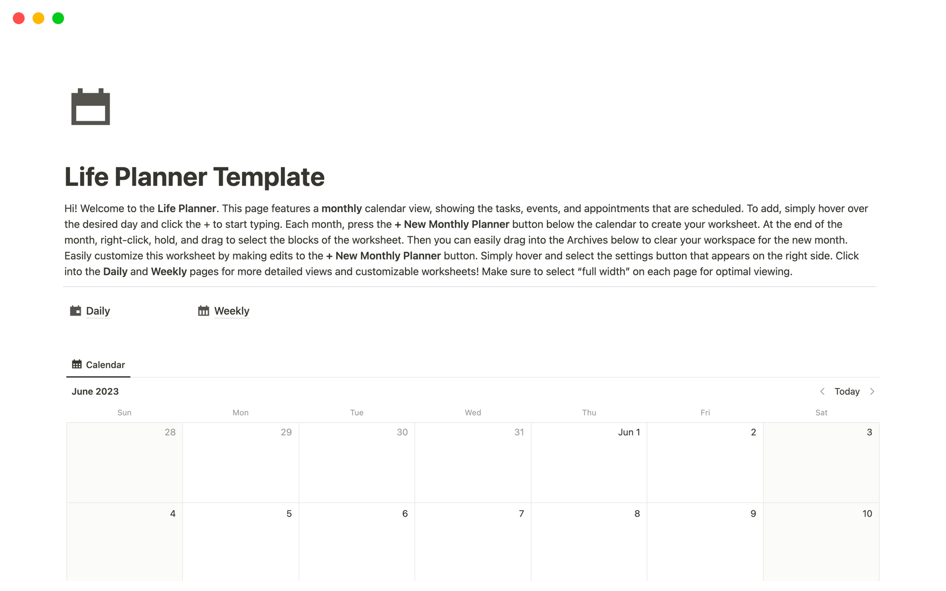 A template preview for Life Planner Template