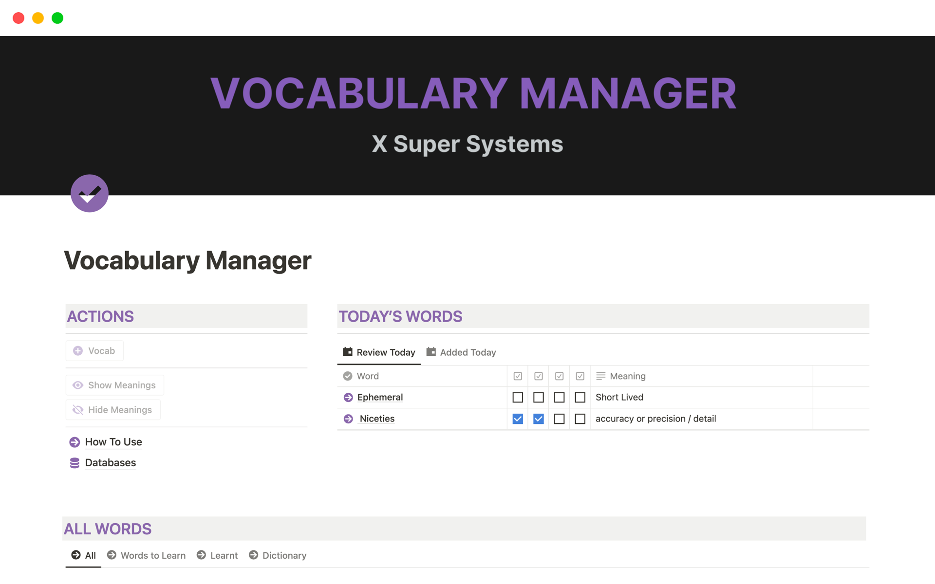 A template preview for Vocabulary Manager
