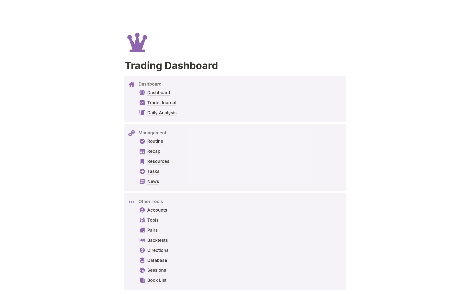 Uma prévia do modelo para Trading Dashboard - Trading Journal