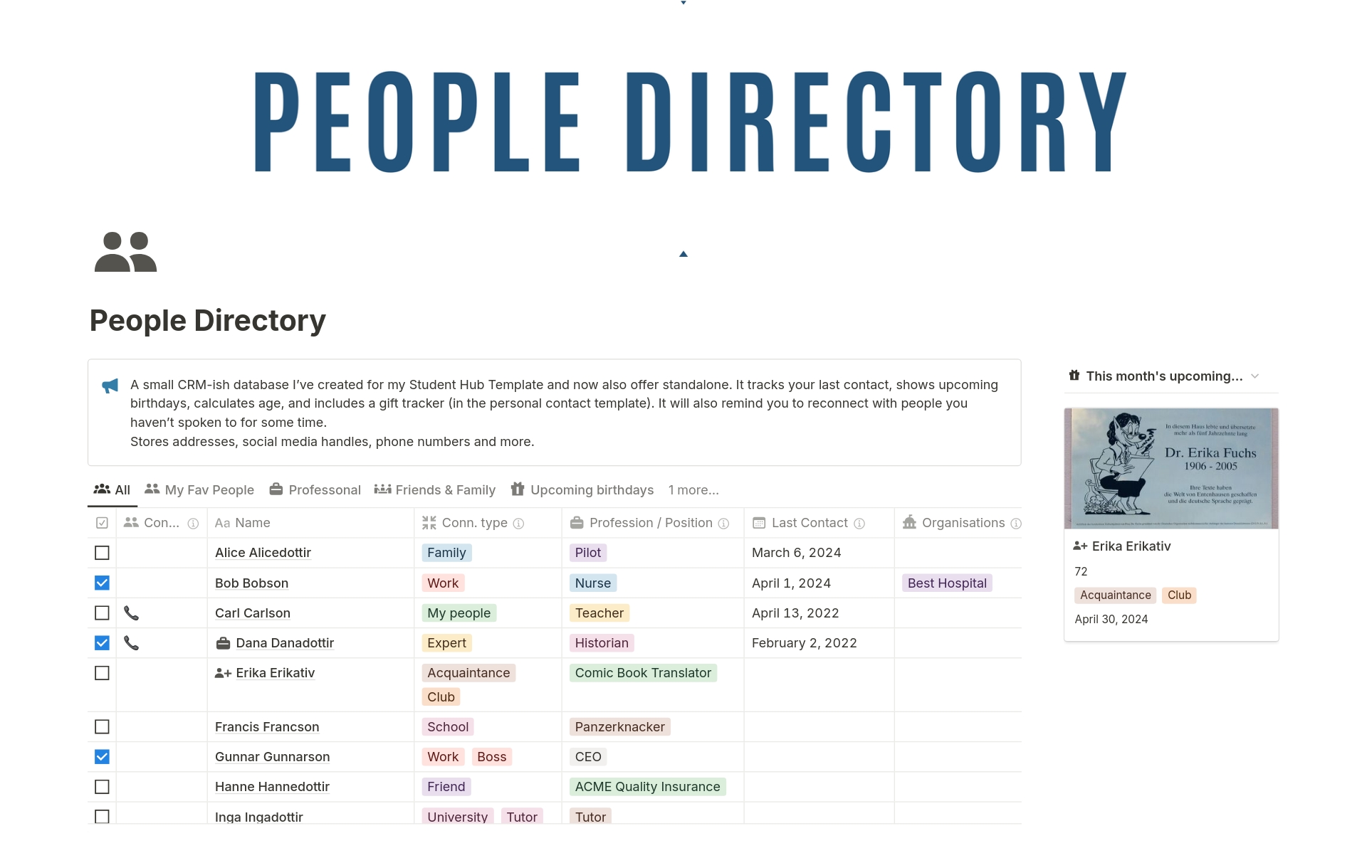 A template preview for People Directory — A CRM -ish Contact Database