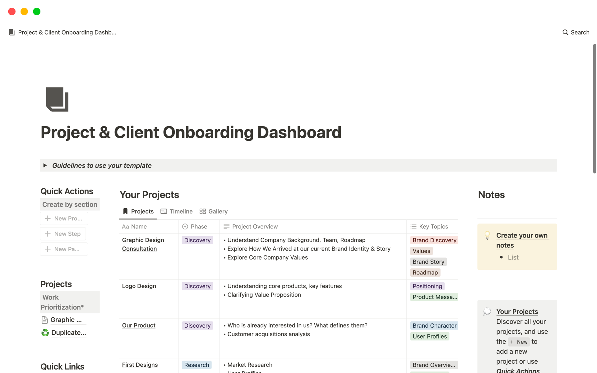 Aperçu du modèle de Project & Client Onboarding Dashboard
