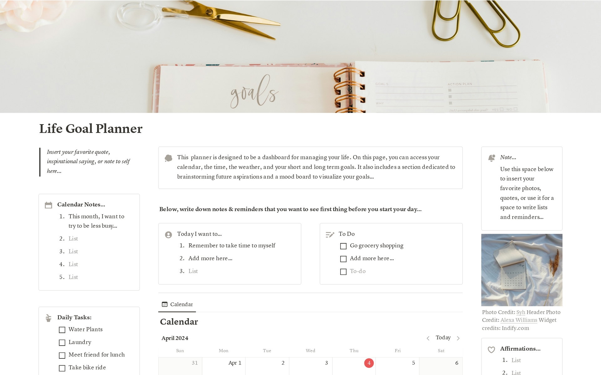 A template preview for Life Goal Planner | Personal Productivity