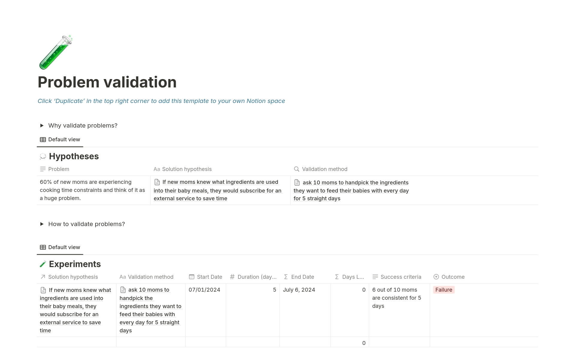 This Notion template empowers startup founders to validate their problem hypotheses through experimenting without allocating huge budgets. It guides you through a structured process to ensure the problem you solve is real, relevant, and impactful for your target users.