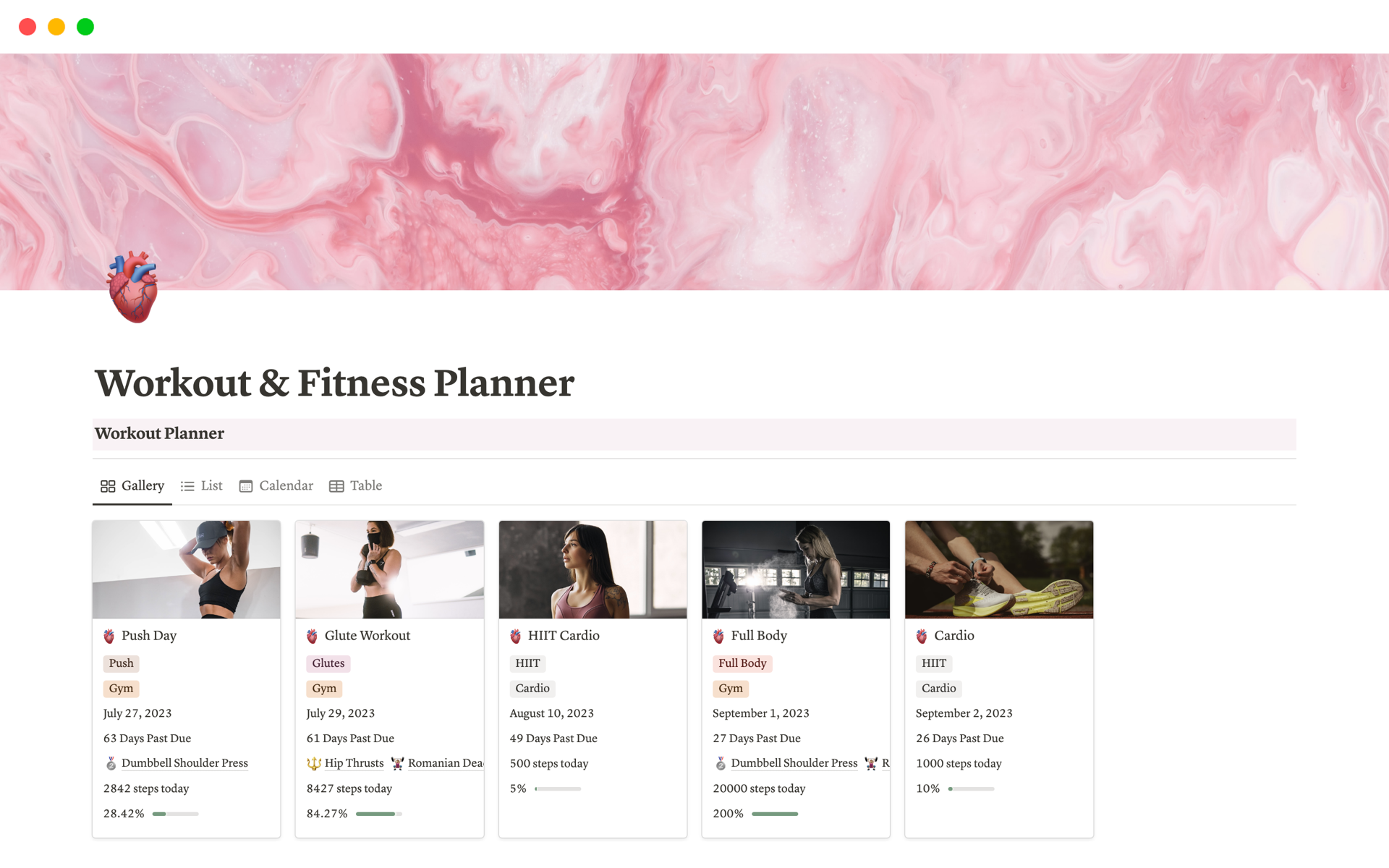 A template preview for Workout & Fitness Planner