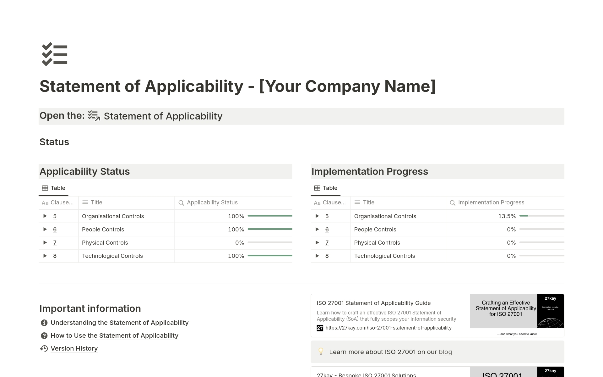 A template preview for ISO 27001:2022 Statement of Applicability Template