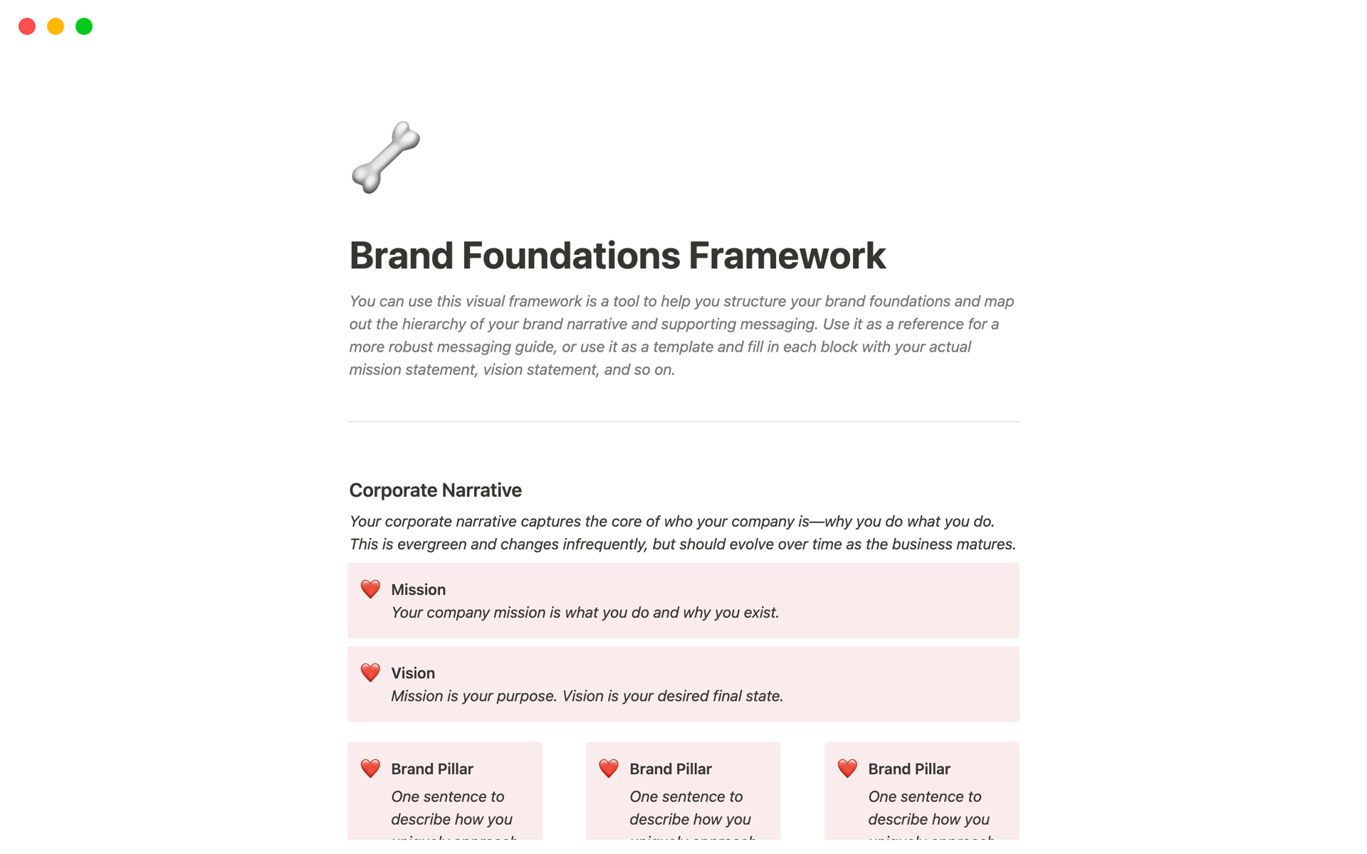 A visual framework to help structure your brand foundations and map the hierarchy of your brand narrative and supporting messaging. 
