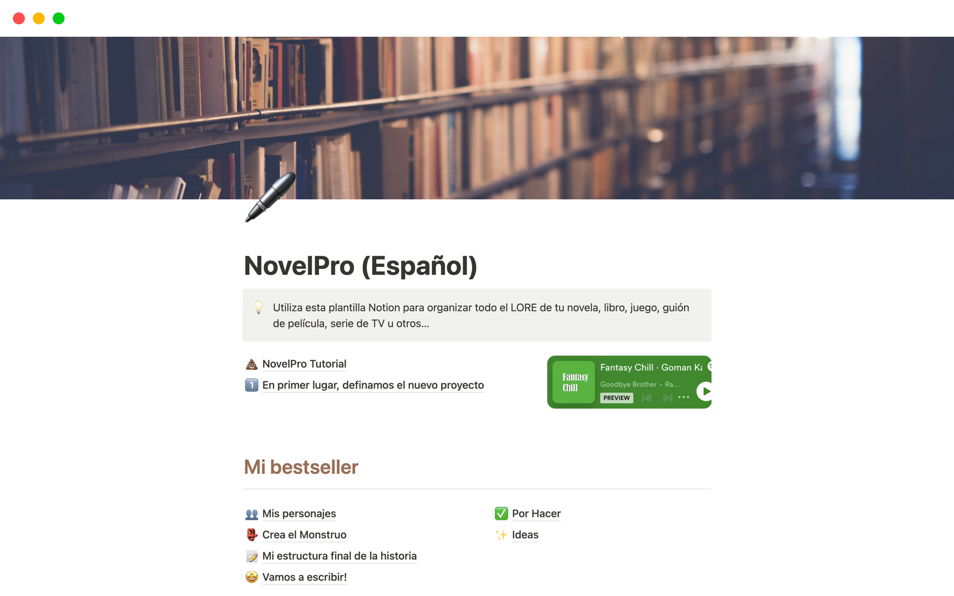 A template preview for NovelPro (Español)