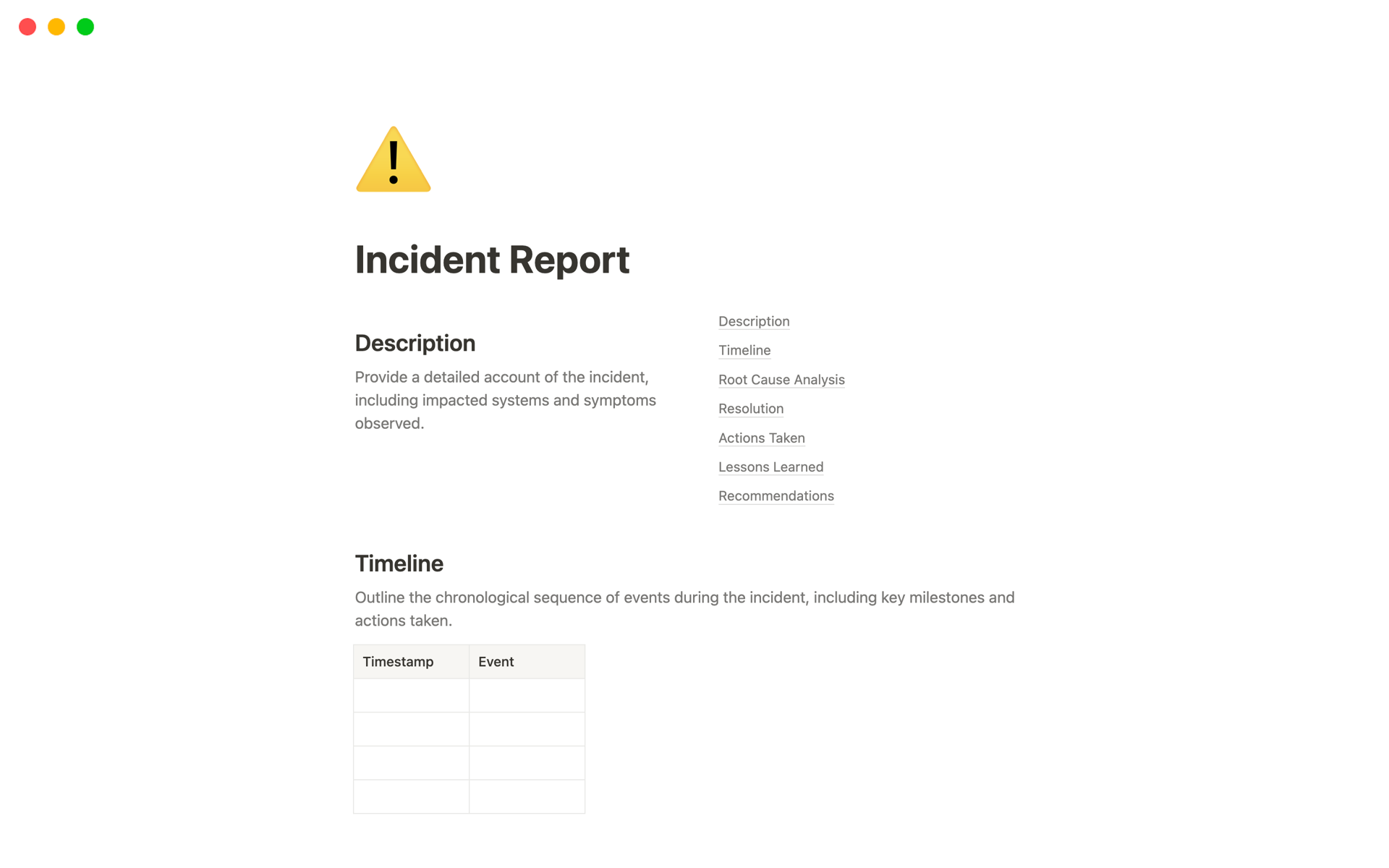 Eine Vorlagenvorschau für Incident Report