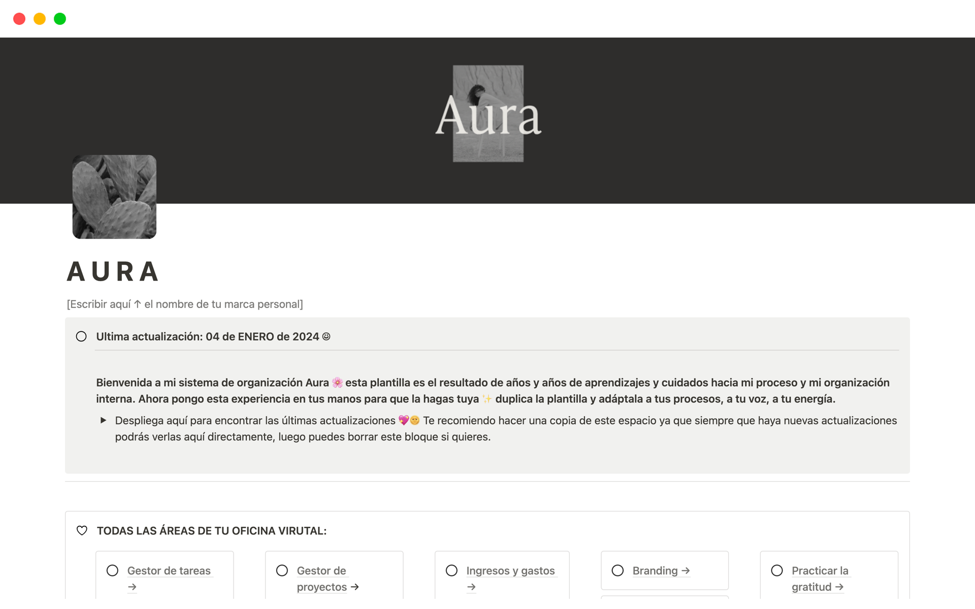 A template preview for AURA: Planificador empresarial y personal